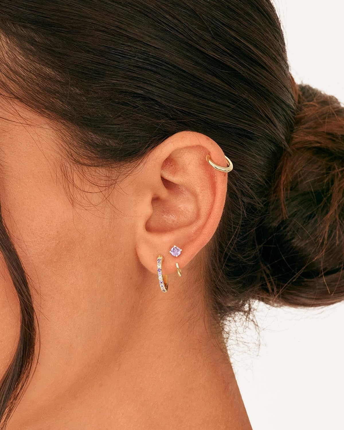 image:imagePAVOI 14K Gold 925 Sterling Silver Huggie Half Hoop Earrings for Women Tiny Boho Colored Cartilage Earring Blue Green Amethyst Garnet Black CZ Turquoise Opal PearlWhite Gold