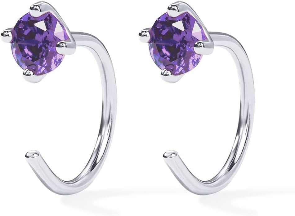 image:imagePAVOI 14K Gold 925 Sterling Silver Huggie Half Hoop Earrings for Women Tiny Boho Colored Cartilage Earring Blue Green Amethyst Garnet Black CZ Turquoise Opal PearlWhite Gold