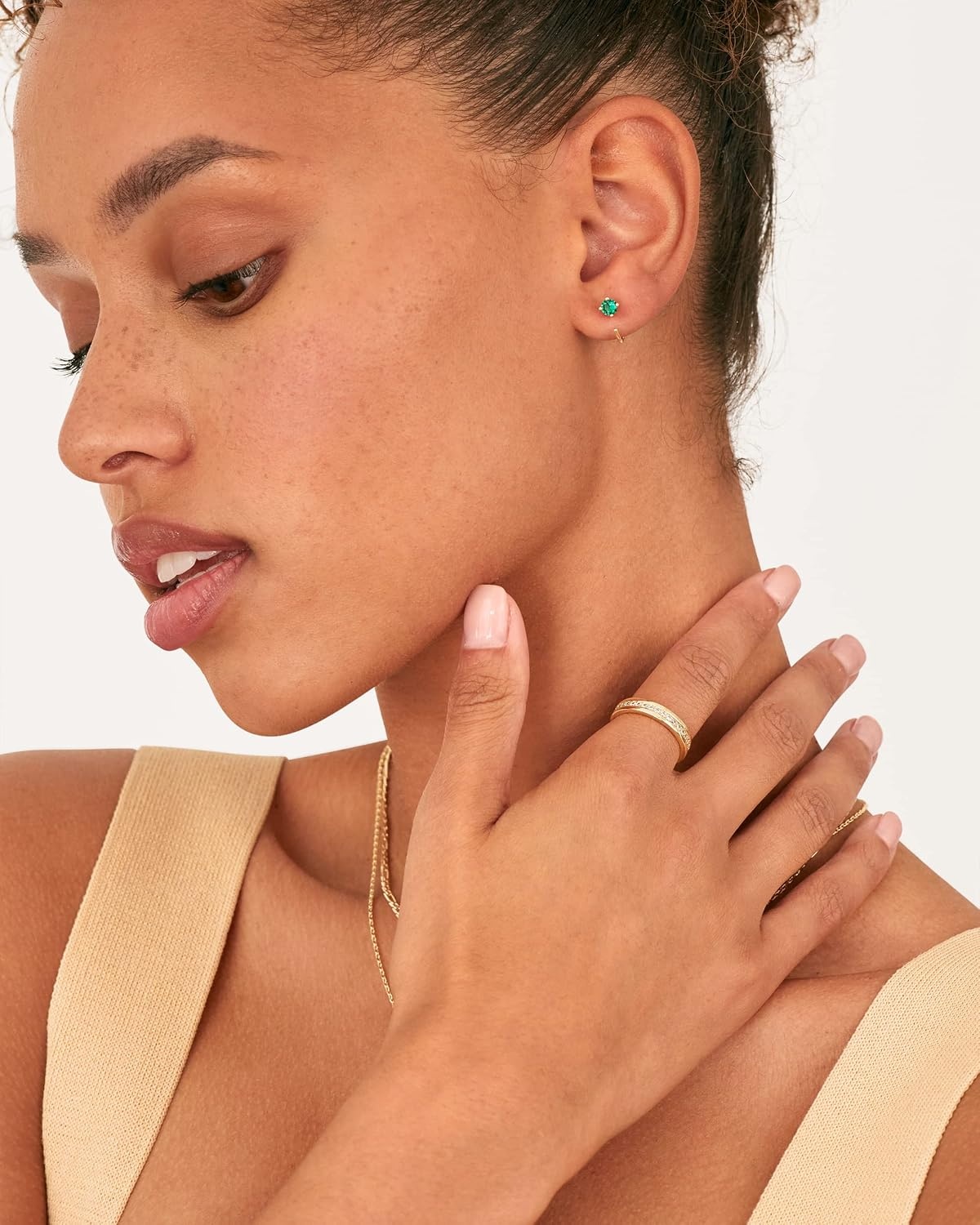 image:imagePAVOI 14K Gold 925 Sterling Silver Huggie Half Hoop Earrings for Women Tiny Boho Colored Cartilage Earring Blue Green Amethyst Garnet Black CZ Turquoise Opal PearlWhite Gold