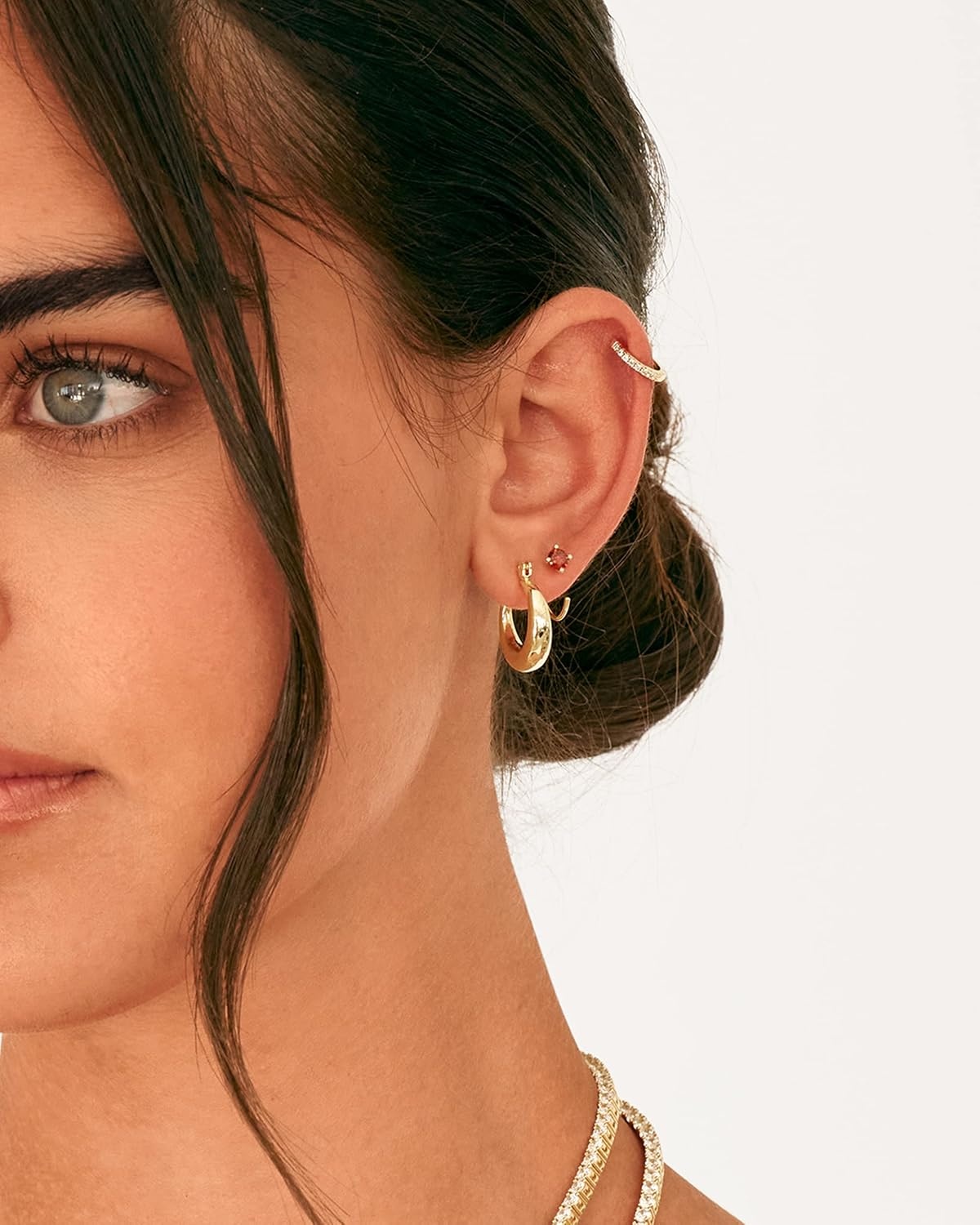 image:imagePAVOI 14K Gold 925 Sterling Silver Huggie Half Hoop Earrings for Women Tiny Boho Colored Cartilage Earring Blue Green Amethyst Garnet Black CZ Turquoise Opal PearlWhite Gold