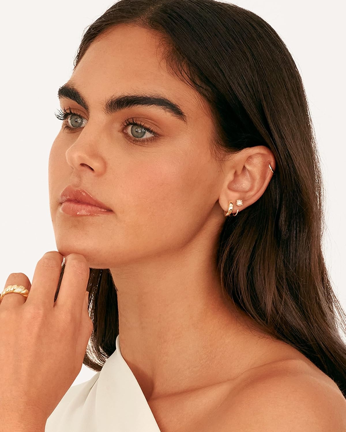image:imagePAVOI 14K Gold 925 Sterling Silver Huggie Half Hoop Earrings for Women Tiny Boho Colored Cartilage Earring Blue Green Amethyst Garnet Black CZ Turquoise Opal PearlWhite Gold