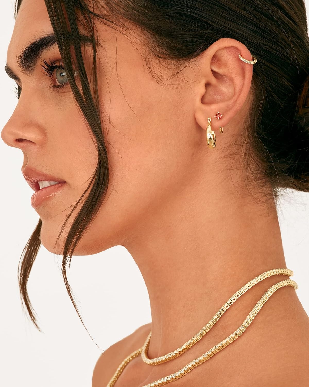 image:imagePAVOI 14K Gold 925 Sterling Silver Huggie Half Hoop Earrings for Women Tiny Boho Colored Cartilage Earring Blue Green Amethyst Garnet Black CZ Turquoise Opal PearlWhite Gold