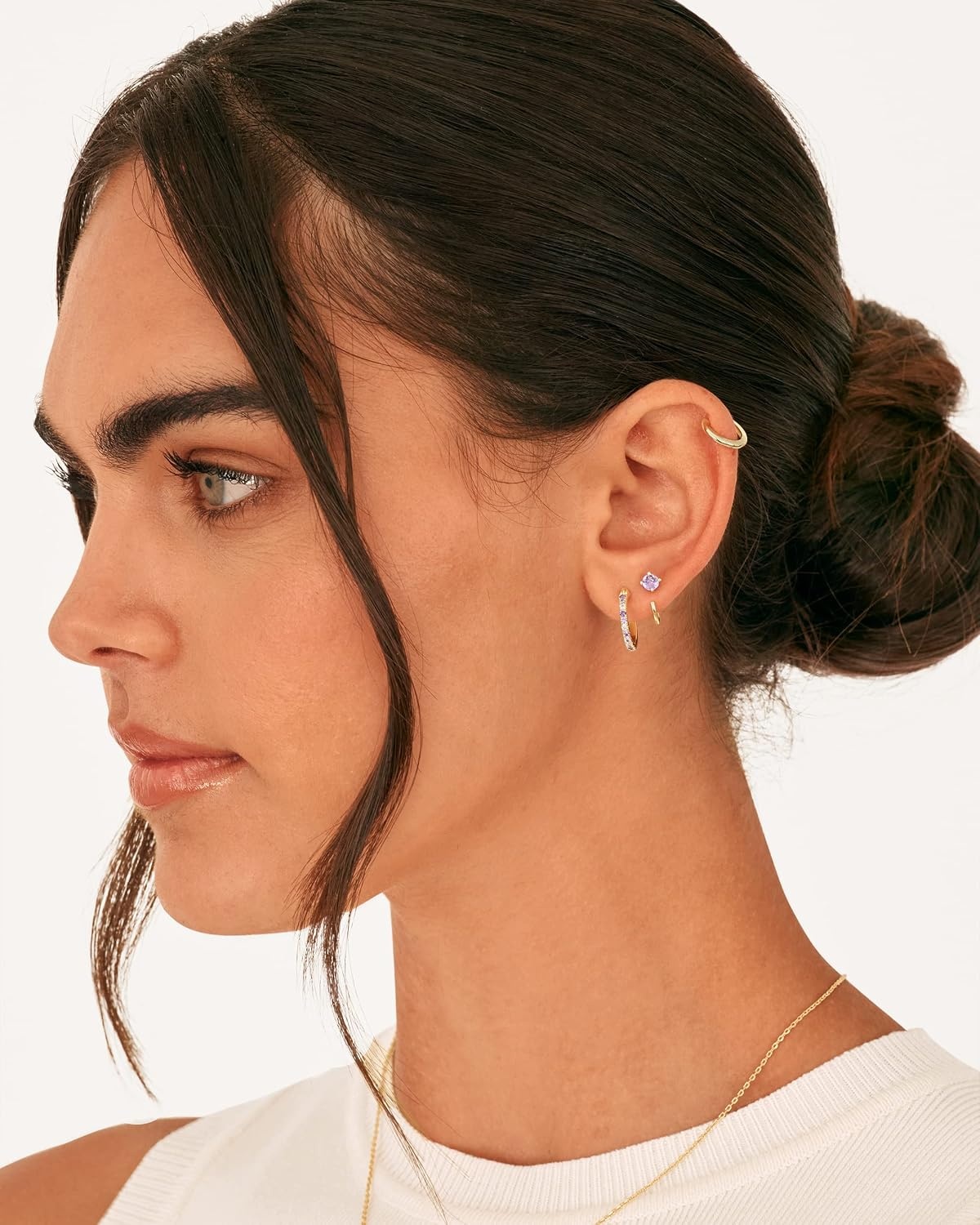 image:imagePAVOI 14K Gold 925 Sterling Silver Huggie Half Hoop Earrings for Women Tiny Boho Colored Cartilage Earring Blue Green Amethyst Garnet Black CZ Turquoise Opal PearlWhite Gold