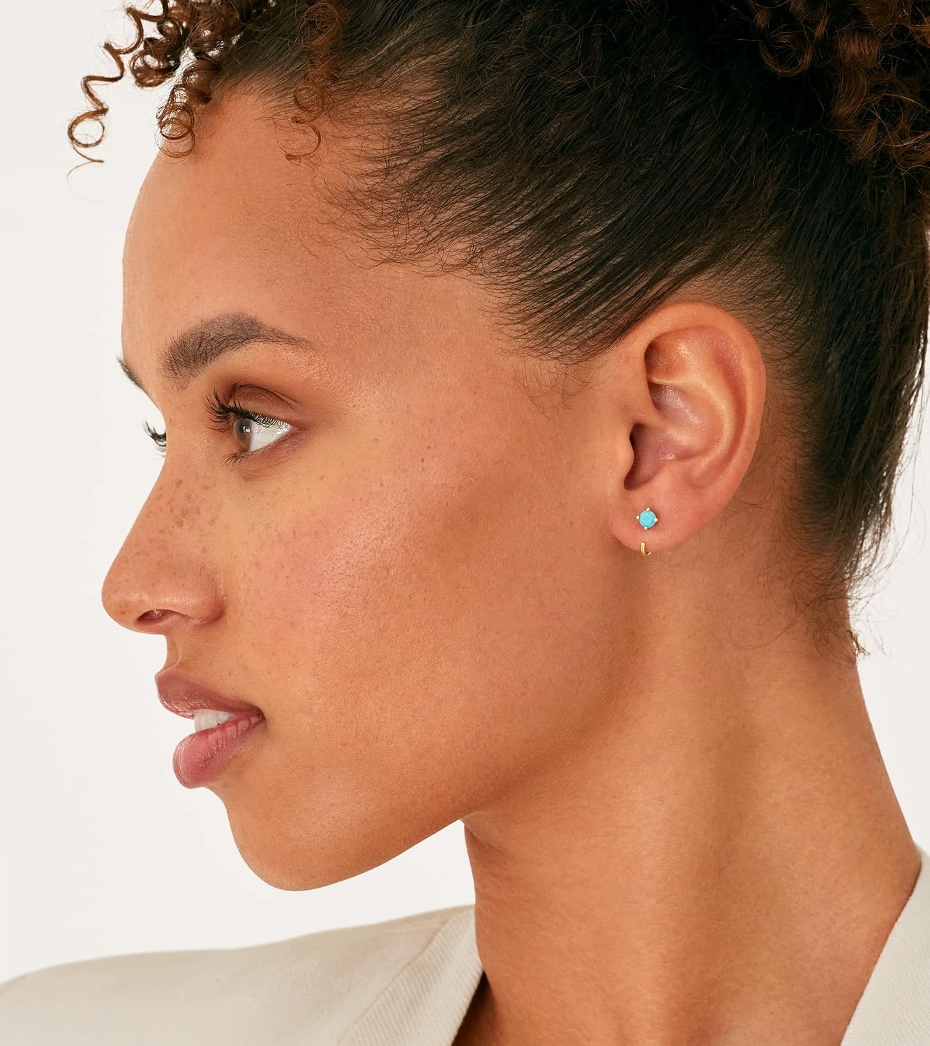 image:imagePAVOI 14K Gold 925 Sterling Silver Huggie Half Hoop Earrings for Women Tiny Boho Colored Cartilage Earring Blue Green Amethyst Garnet Black CZ Turquoise Opal PearlWhite Gold
