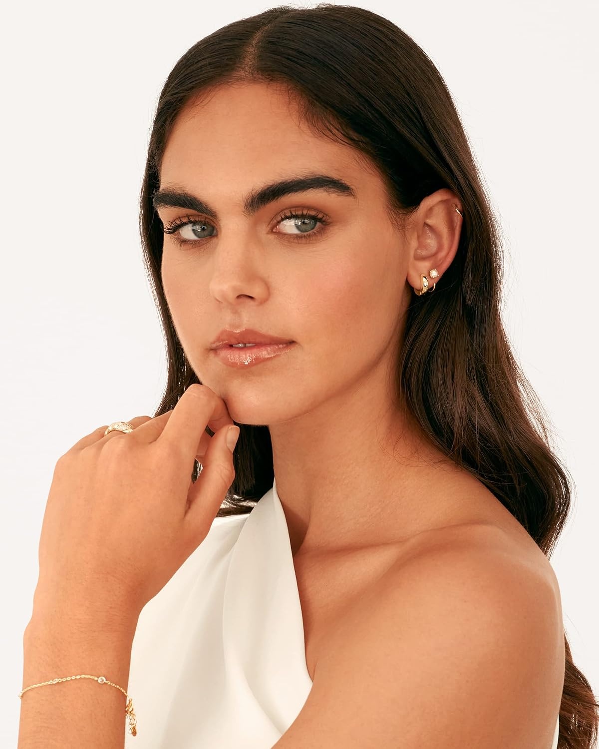 image:imagePAVOI 14K Gold 925 Sterling Silver Huggie Half Hoop Earrings for Women Tiny Boho Colored Cartilage Earring Blue Green Amethyst Garnet Black CZ Turquoise Opal PearlWhite Gold