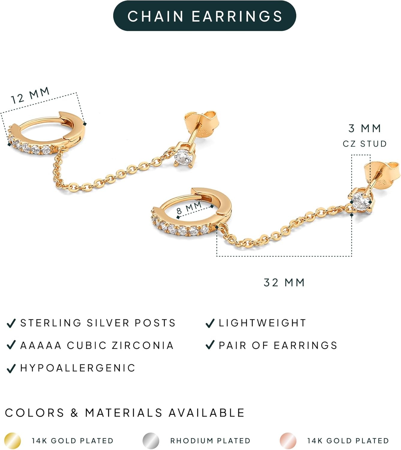 image:imagePAVOI 14K Gold Chain Earrings for Women Double Piercing Dangle Chain Huggie Hoop Earrings Cubic Zirconia Pearl Stud Ear Earrings for WomenRose Gold