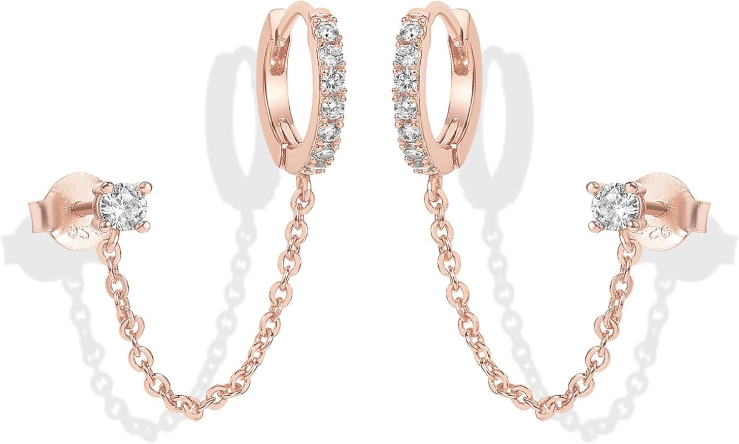 image:imagePAVOI 14K Gold Chain Earrings for Women Double Piercing Dangle Chain Huggie Hoop Earrings Cubic Zirconia Pearl Stud Ear Earrings for WomenRose Gold