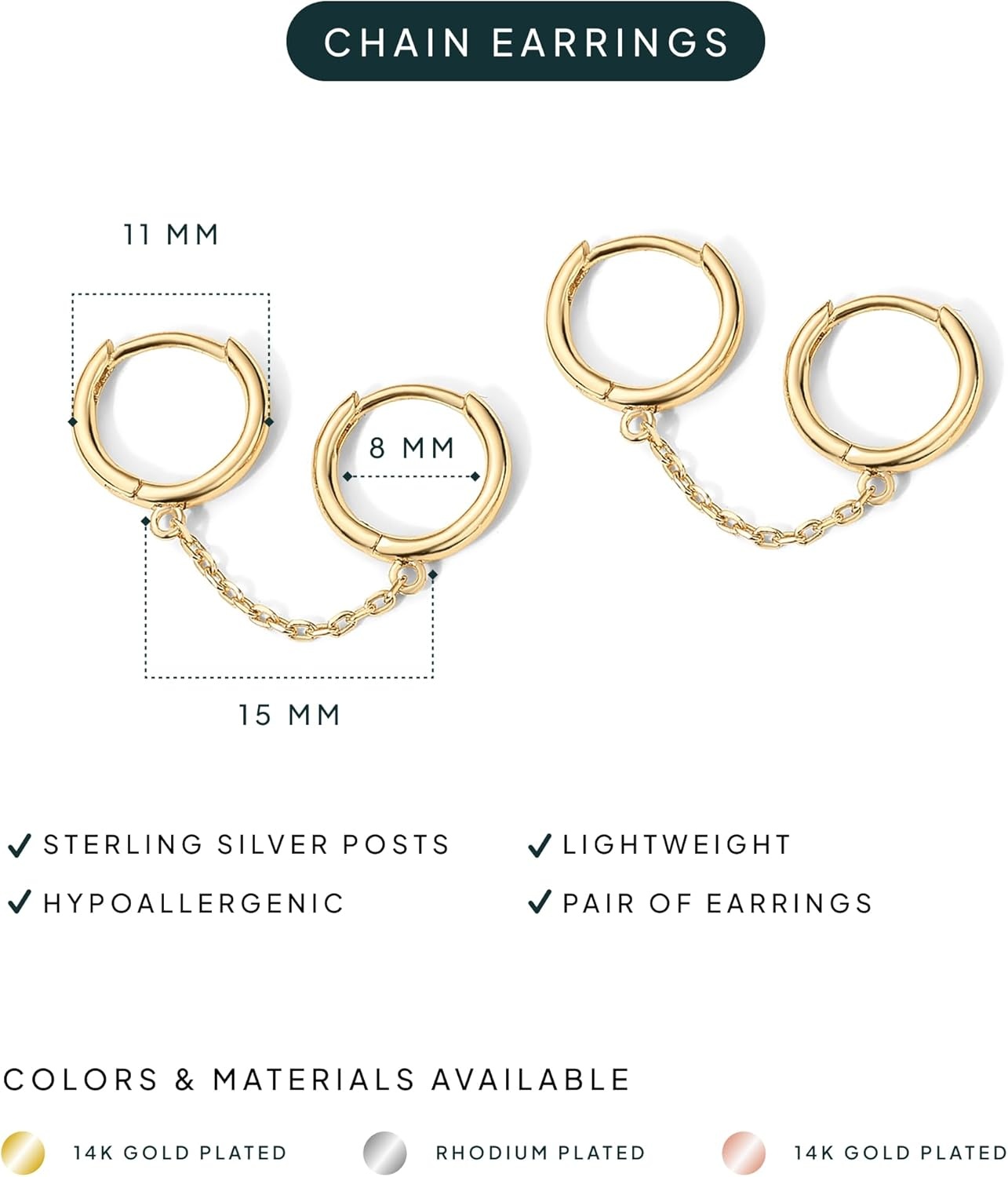image:imagePAVOI 14K Gold Chain Earrings for Women Double Piercing Dangle Chain Huggie Hoop Earrings Cubic Zirconia Pearl Stud Ear Earrings for WomenRose Gold