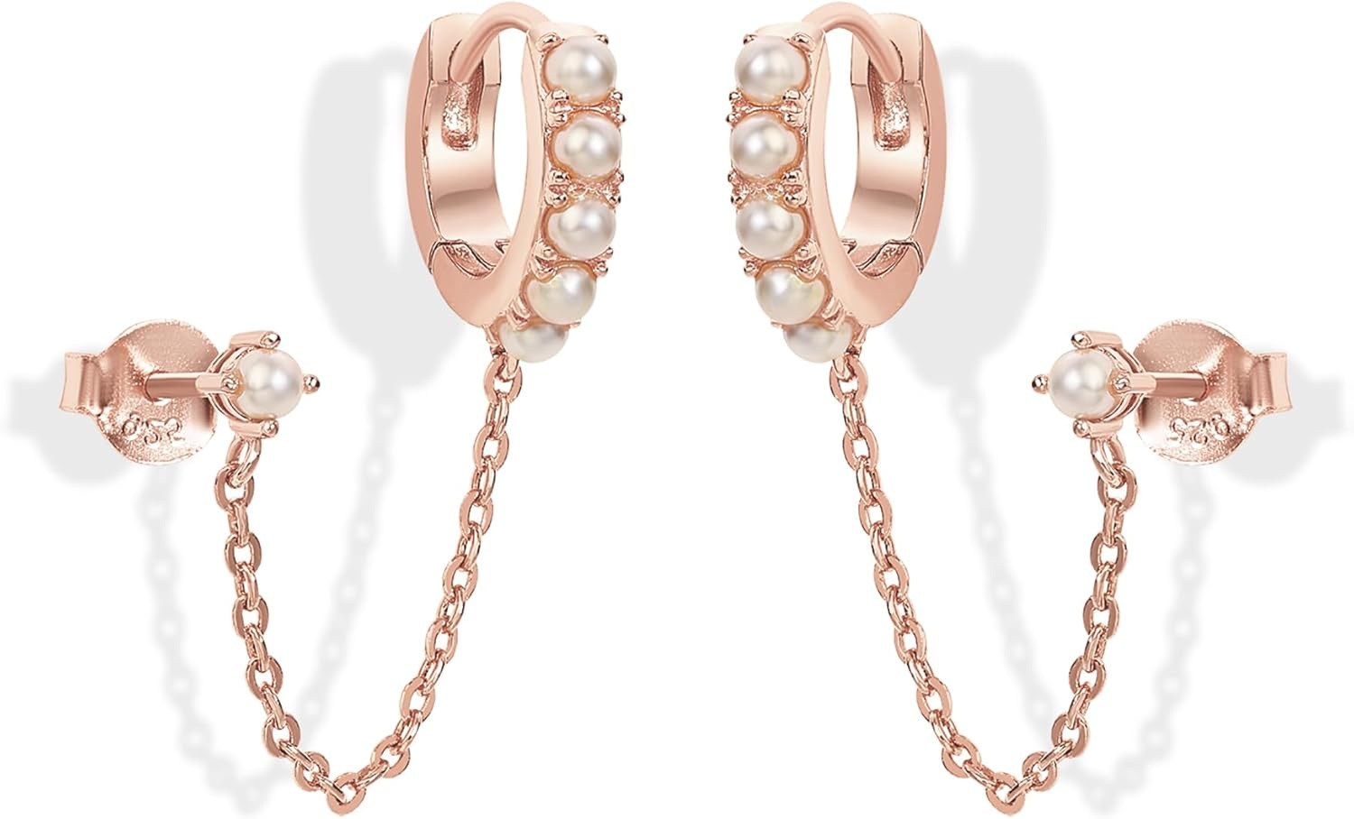image:imagePAVOI 14K Gold Chain Earrings for Women Double Piercing Dangle Chain Huggie Hoop Earrings Cubic Zirconia Pearl Stud Ear Earrings for WomenRose Gold