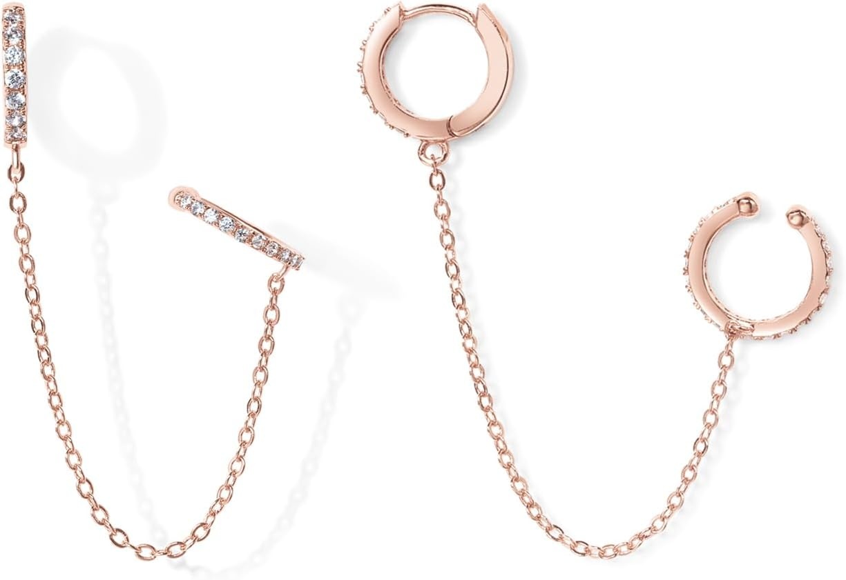 image:imagePAVOI 14K Gold Chain Earrings for Women Double Piercing Dangle Chain Huggie Hoop Earrings Cubic Zirconia Pearl Stud Ear Earrings for WomenRose Gold