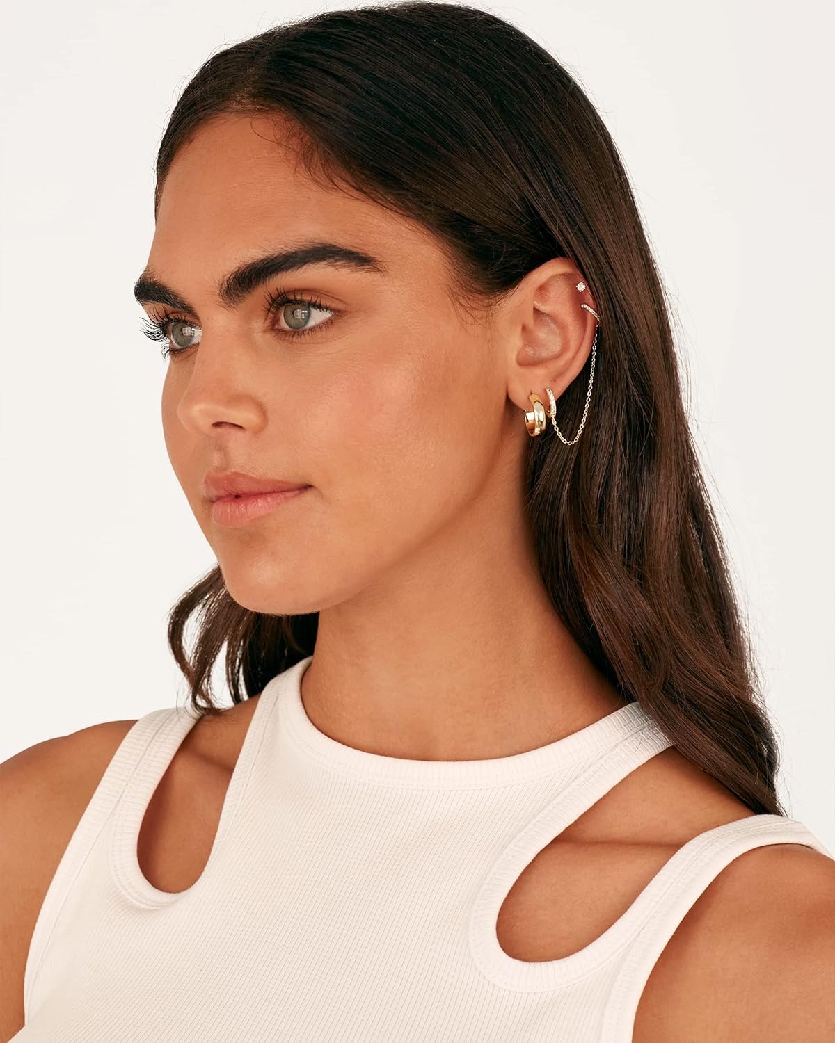 image:imagePAVOI 14K Gold Chain Earrings for Women Double Piercing Dangle Chain Huggie Hoop Earrings Cubic Zirconia Pearl Stud Ear Earrings for WomenRose Gold