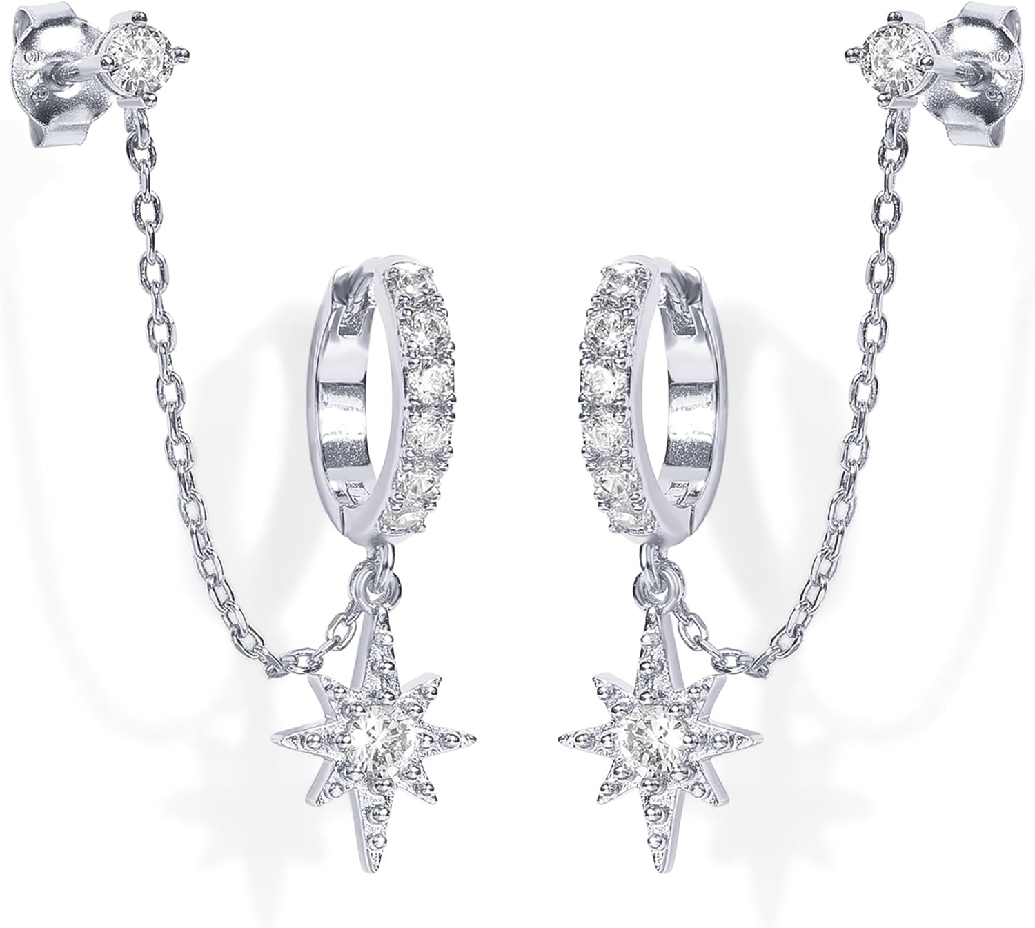 image:imagePAVOI 14K Gold Chain Earrings for Women Double Piercing Dangle Chain Huggie Hoop Earrings Cubic Zirconia Pearl Stud Ear Earrings for WomenWhite Gold