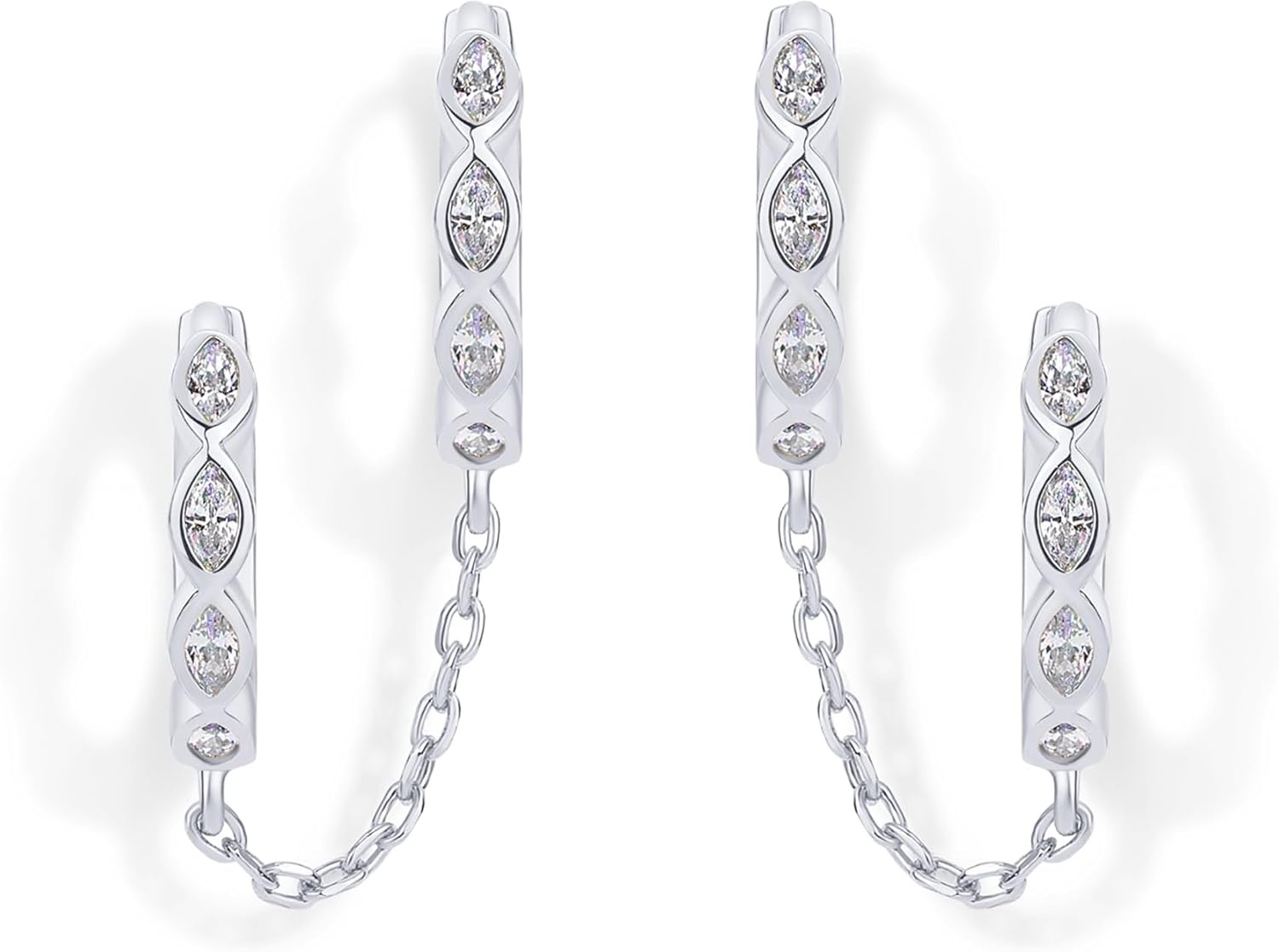 image:imagePAVOI 14K Gold Chain Earrings for Women Double Piercing Dangle Chain Huggie Hoop Earrings Cubic Zirconia Pearl Stud Ear Earrings for WomenWhite Gold