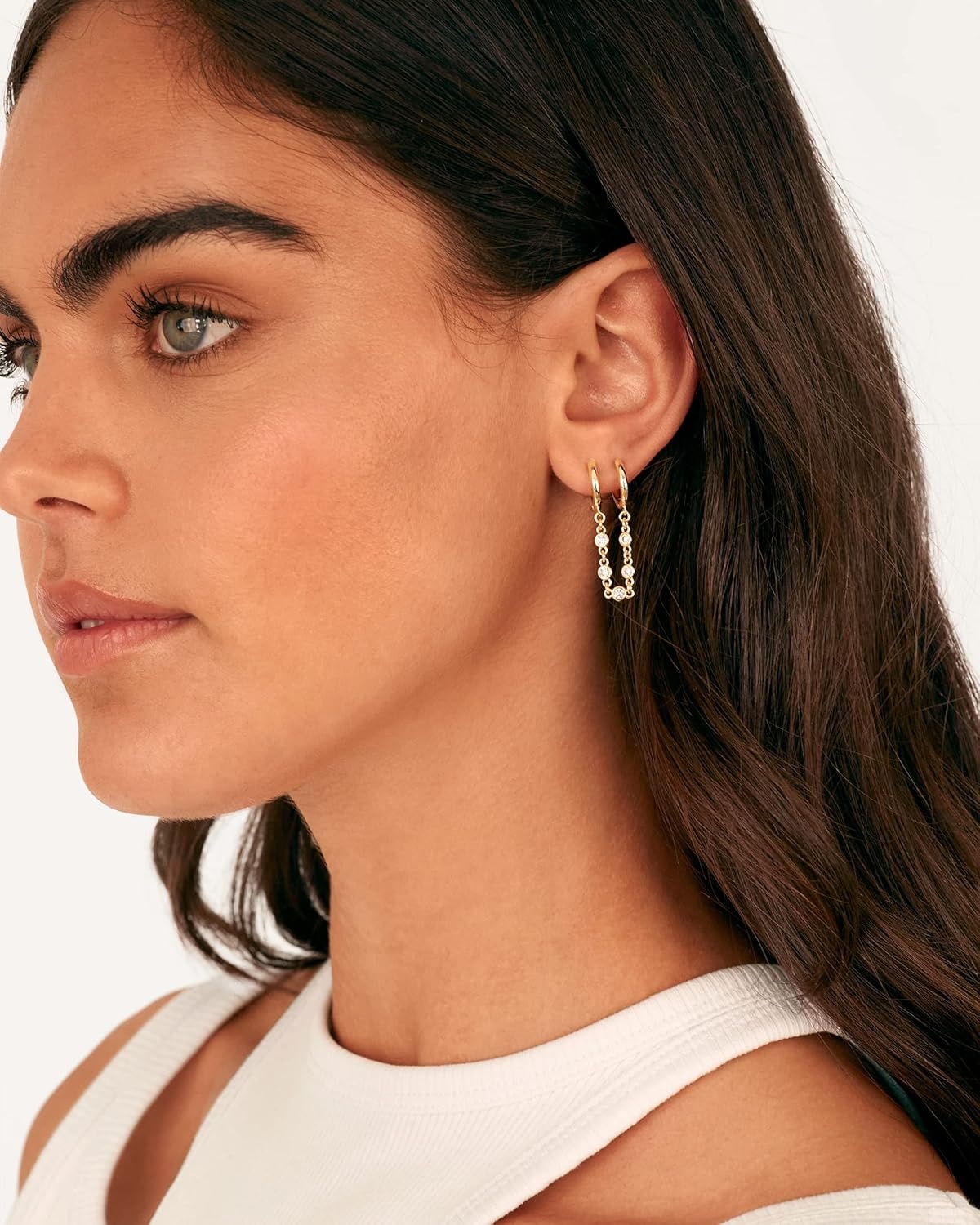 image:imagePAVOI 14K Gold Chain Earrings for Women Double Piercing Dangle Chain Huggie Hoop Earrings Cubic Zirconia Pearl Stud Ear Earrings for WomenWhite Gold