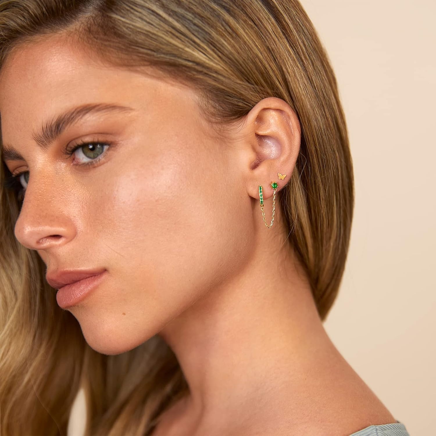 image:imagePAVOI 14K Gold Chain Earrings for Women Double Piercing Dangle Chain Huggie Hoop Earrings Cubic Zirconia Pearl Stud Ear Earrings for WomenWhite Gold