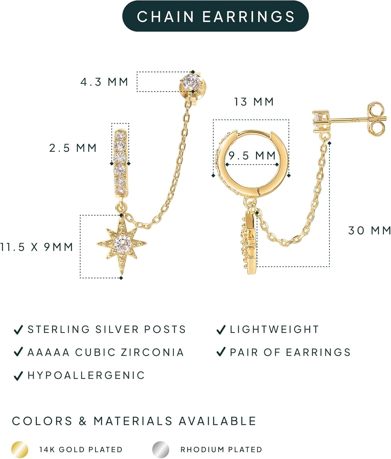 image:imagePAVOI 14K Gold Chain Earrings for Women Double Piercing Dangle Chain Huggie Hoop Earrings Cubic Zirconia Pearl Stud Ear Earrings for WomenWhite Gold