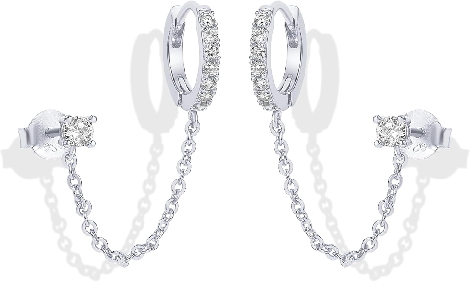 image:imagePAVOI 14K Gold Chain Earrings for Women Double Piercing Dangle Chain Huggie Hoop Earrings Cubic Zirconia Pearl Stud Ear Earrings for WomenWhite Gold