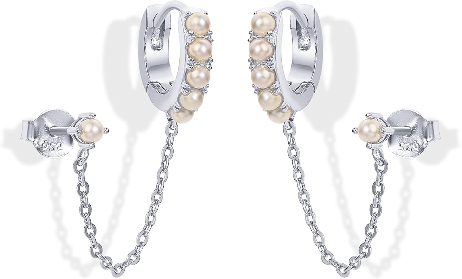 image:imagePAVOI 14K Gold Chain Earrings for Women Double Piercing Dangle Chain Huggie Hoop Earrings Cubic Zirconia Pearl Stud Ear Earrings for WomenWhite Gold