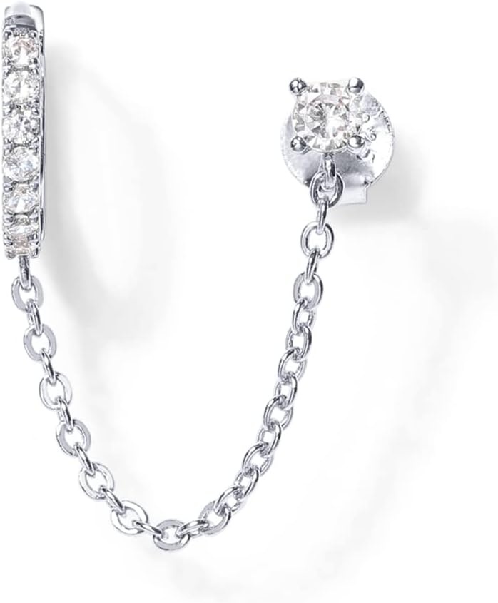 image:imagePAVOI 14K Gold Chain Earrings for Women Double Piercing Dangle Chain Huggie Hoop Earrings Cubic Zirconia Pearl Stud Ear Earrings for WomenWhite Gold