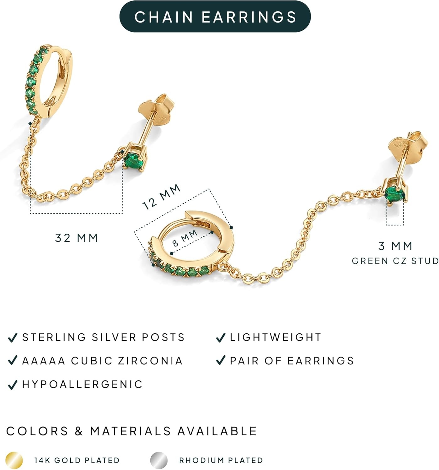 image:imagePAVOI 14K Gold Chain Earrings for Women Double Piercing Dangle Chain Huggie Hoop Earrings Cubic Zirconia Pearl Stud Ear Earrings for WomenWhite Gold