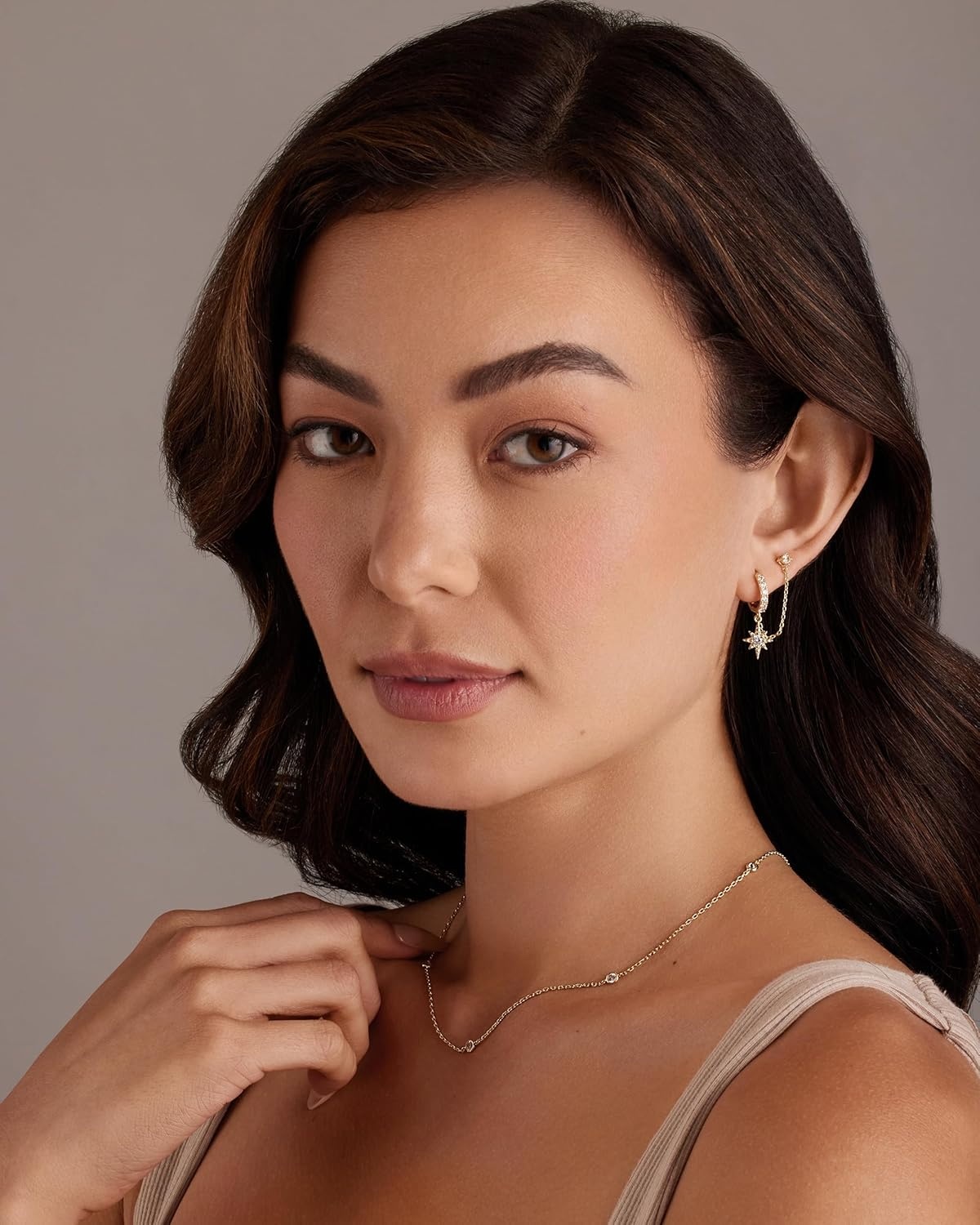 image:imagePAVOI 14K Gold Chain Earrings for Women Double Piercing Dangle Chain Huggie Hoop Earrings Cubic Zirconia Pearl Stud Ear Earrings for WomenWhite Gold