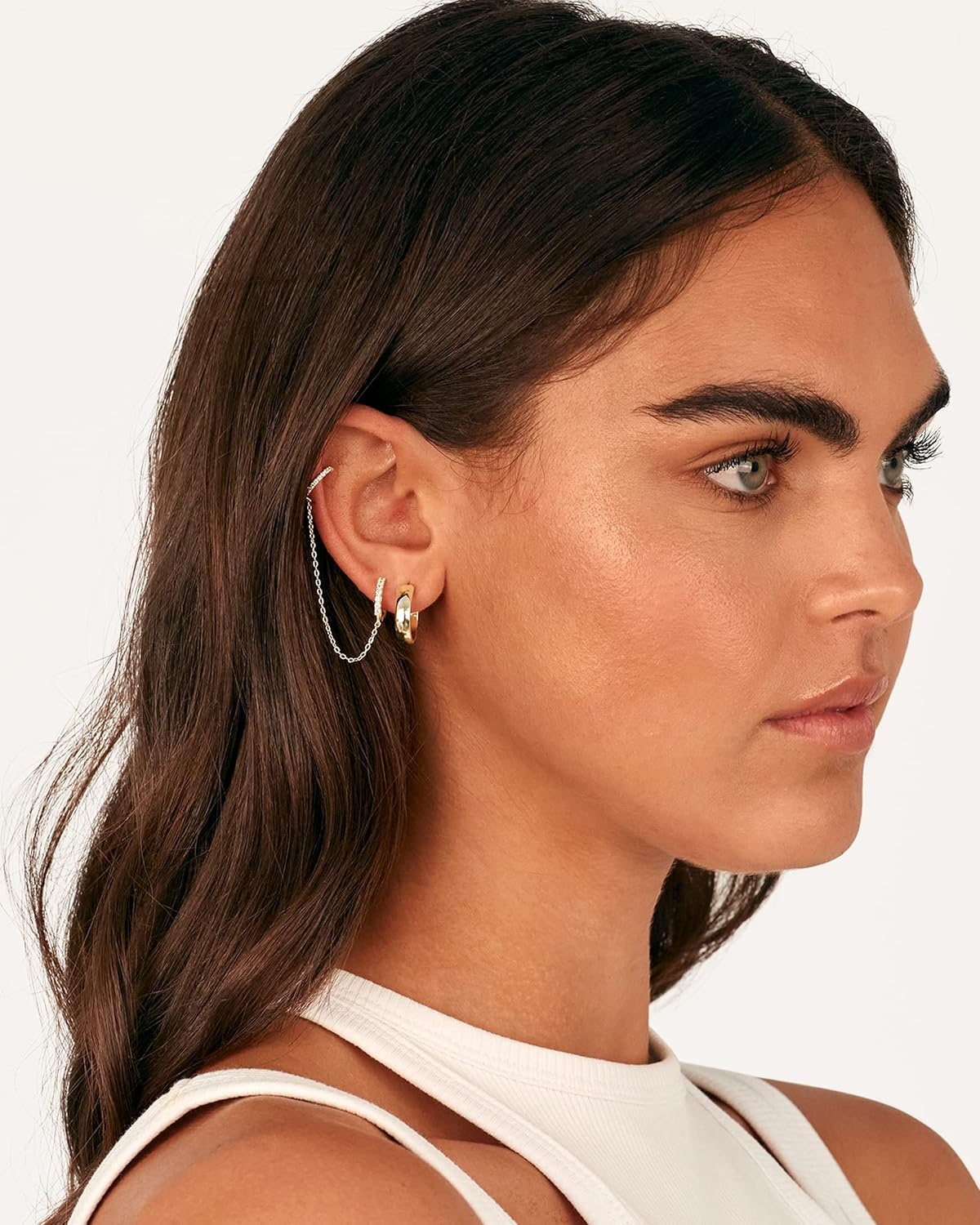 image:imagePAVOI 14K Gold Chain Earrings for Women Double Piercing Dangle Chain Huggie Hoop Earrings Cubic Zirconia Pearl Stud Ear Earrings for WomenYellow Gold