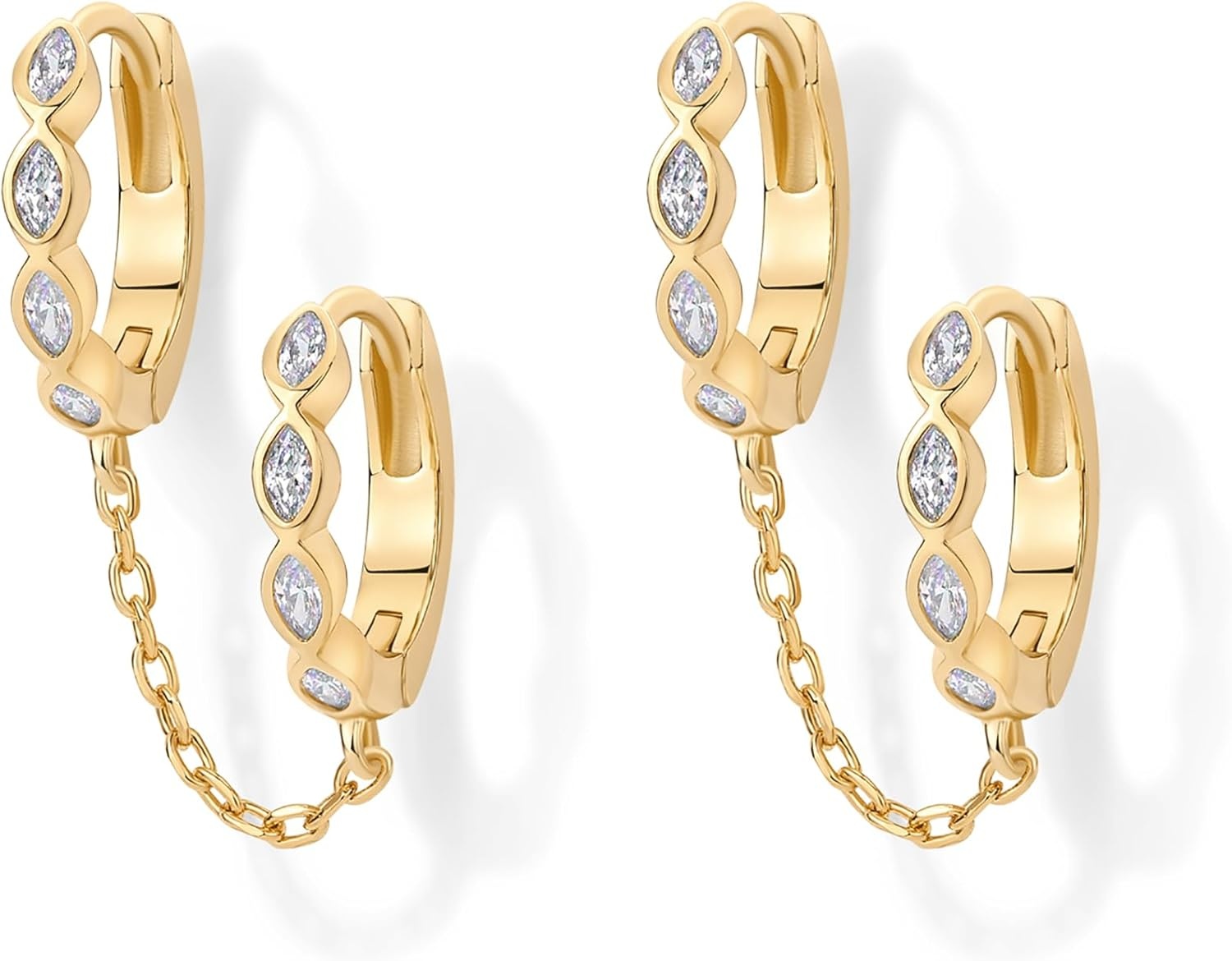 image:imagePAVOI 14K Gold Chain Earrings for Women Double Piercing Dangle Chain Huggie Hoop Earrings Cubic Zirconia Pearl Stud Ear Earrings for WomenYellow Gold