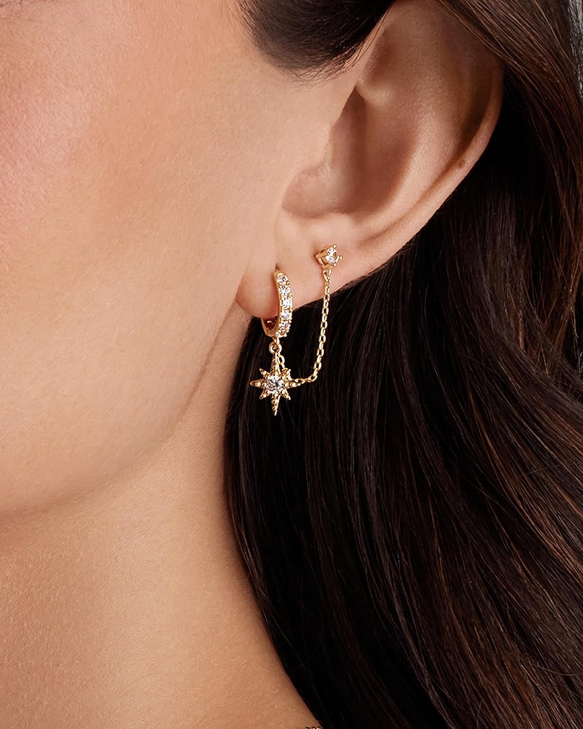 image:imagePAVOI 14K Gold Chain Earrings for Women Double Piercing Dangle Chain Huggie Hoop Earrings Cubic Zirconia Pearl Stud Ear Earrings for WomenYellow Gold