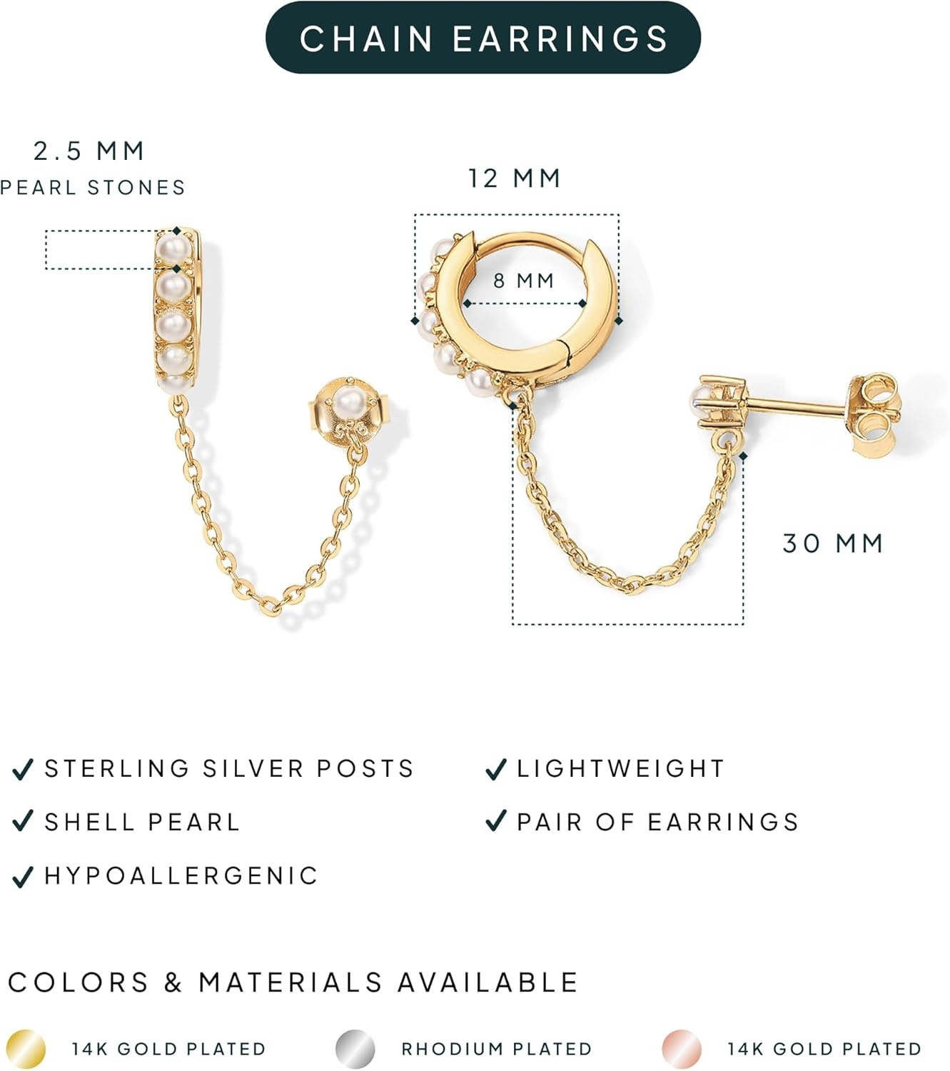 image:imagePAVOI 14K Gold Chain Earrings for Women Double Piercing Dangle Chain Huggie Hoop Earrings Cubic Zirconia Pearl Stud Ear Earrings for WomenYellow Gold