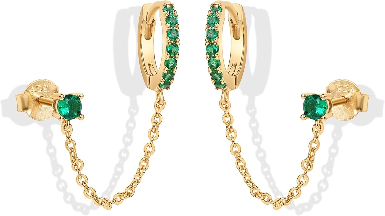 image:imagePAVOI 14K Gold Chain Earrings for Women Double Piercing Dangle Chain Huggie Hoop Earrings Cubic Zirconia Pearl Stud Ear Earrings for WomenYellow Gold