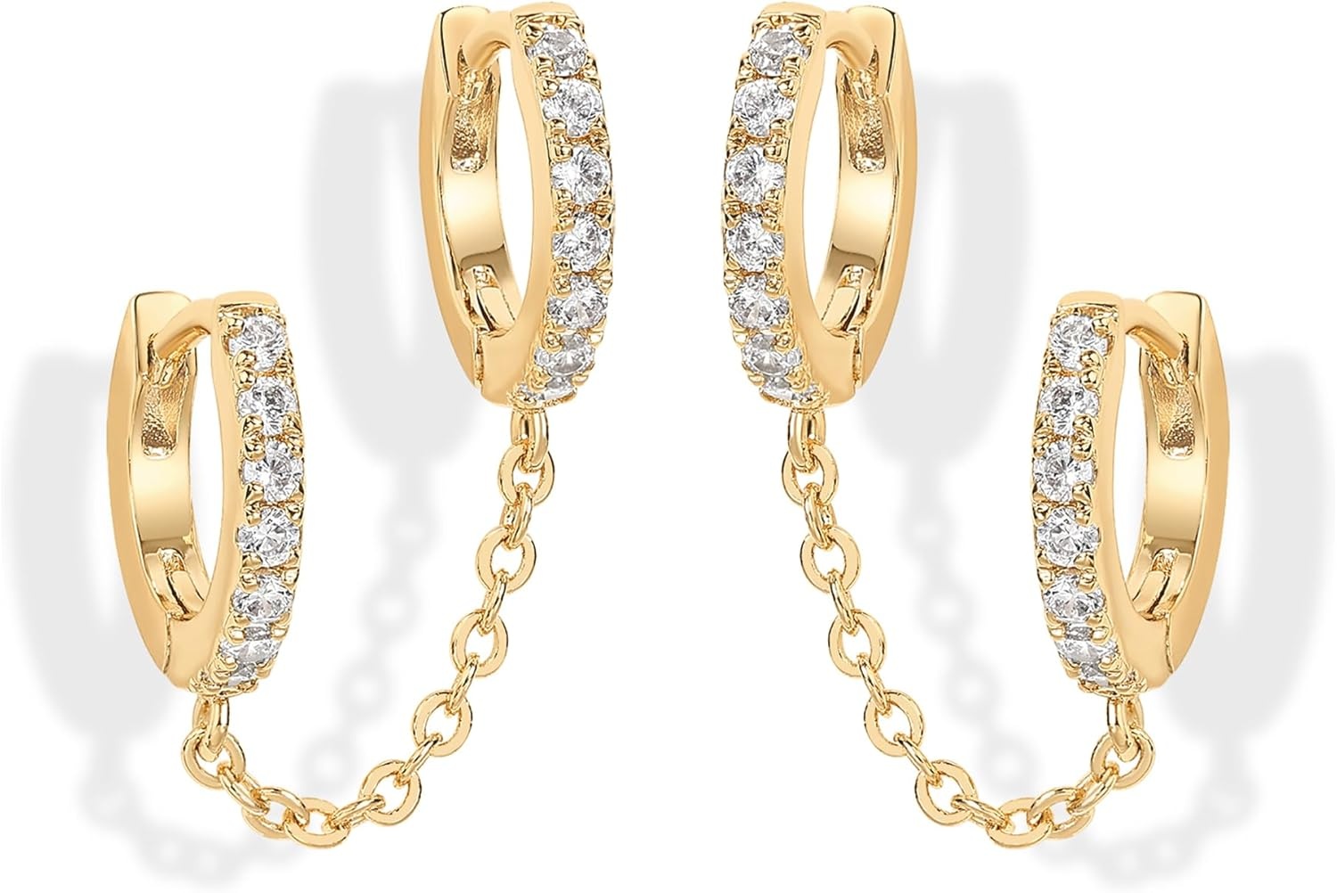 image:imagePAVOI 14K Gold Chain Earrings for Women Double Piercing Dangle Chain Huggie Hoop Earrings Cubic Zirconia Pearl Stud Ear Earrings for WomenYellow Gold