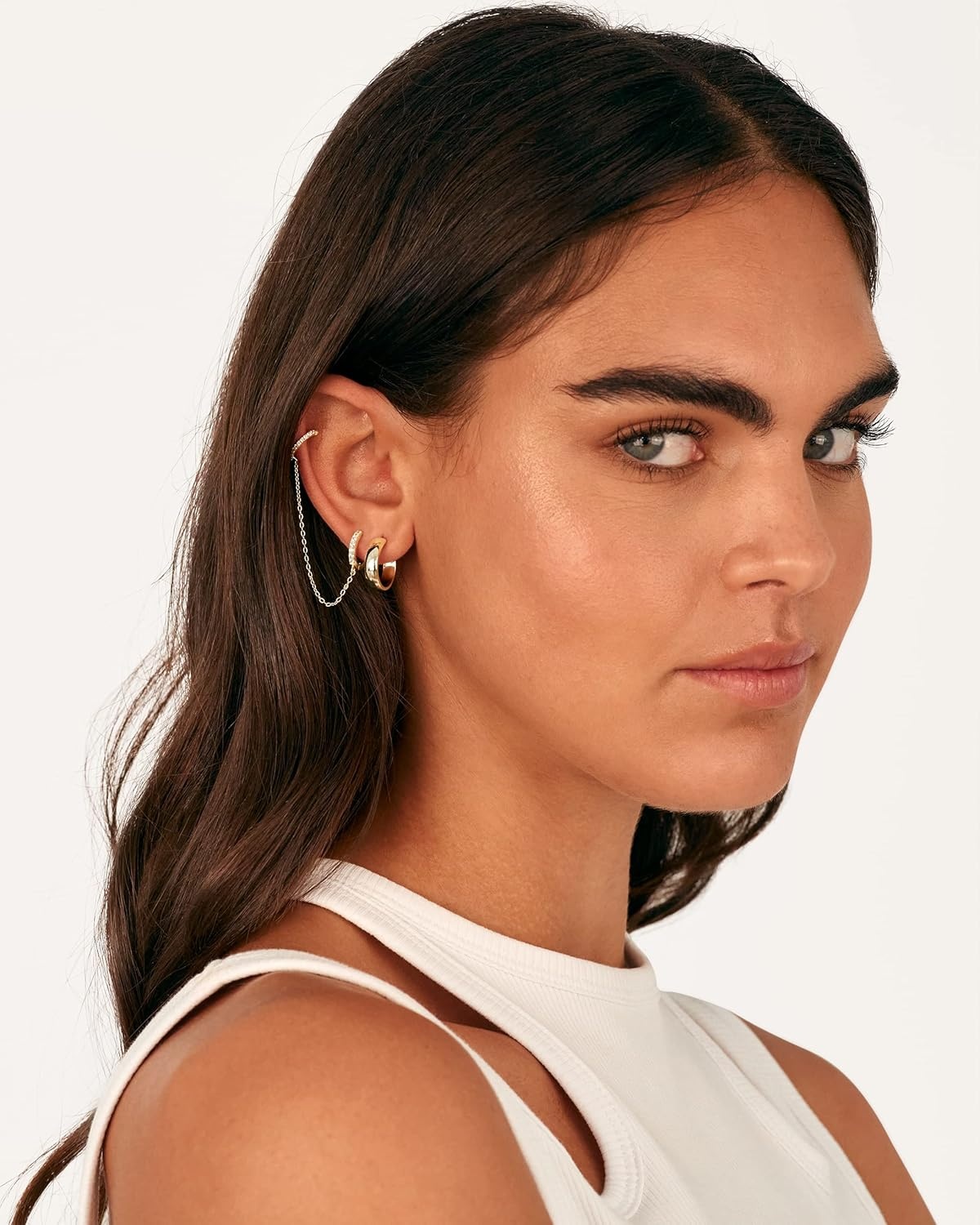 image:imagePAVOI 14K Gold Chain Earrings for Women Double Piercing Dangle Chain Huggie Hoop Earrings Cubic Zirconia Pearl Stud Ear Earrings for WomenYellow Gold