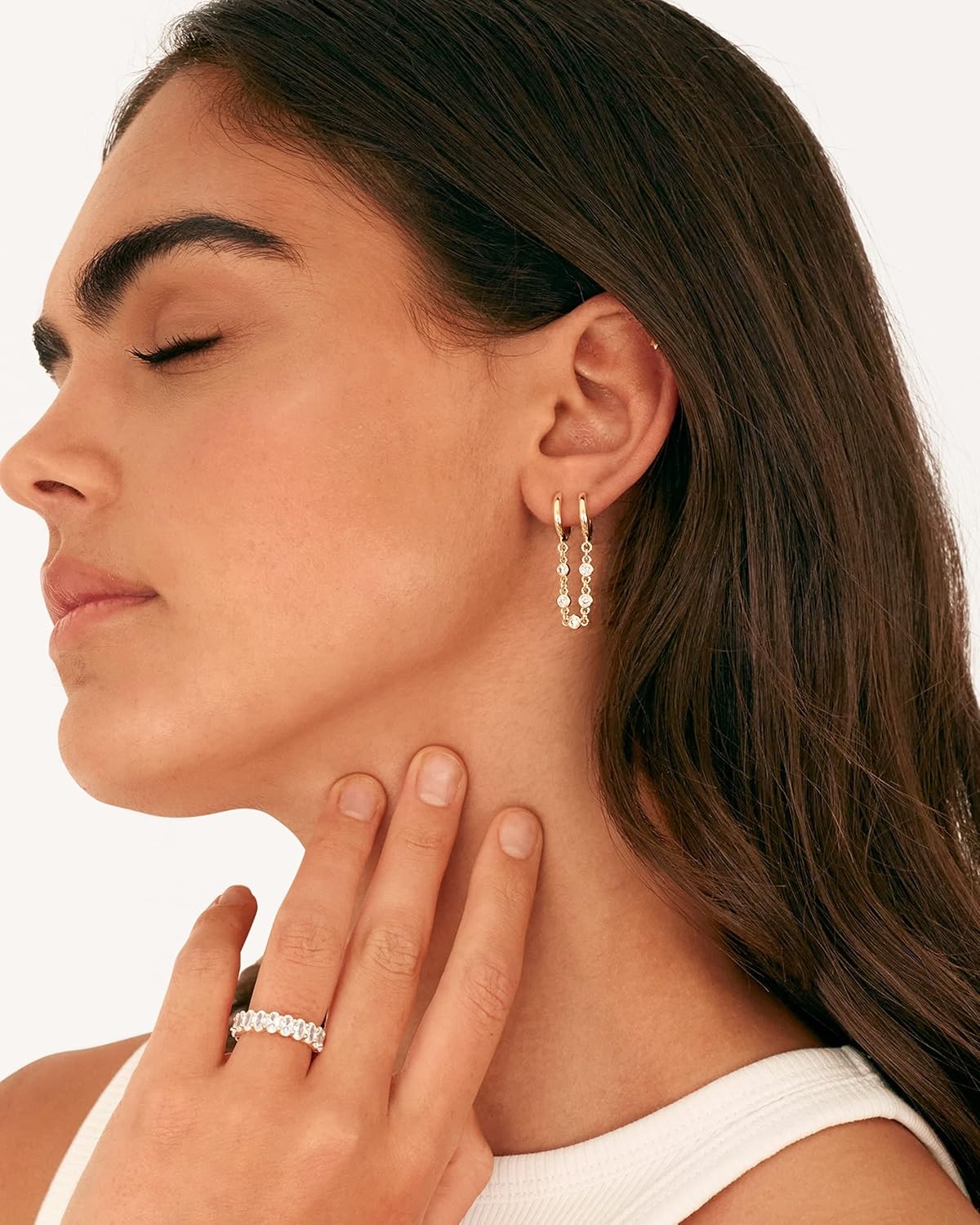 image:imagePAVOI 14K Gold Chain Earrings for Women Double Piercing Dangle Chain Huggie Hoop Earrings Cubic Zirconia Pearl Stud Ear Earrings for WomenYellow Gold