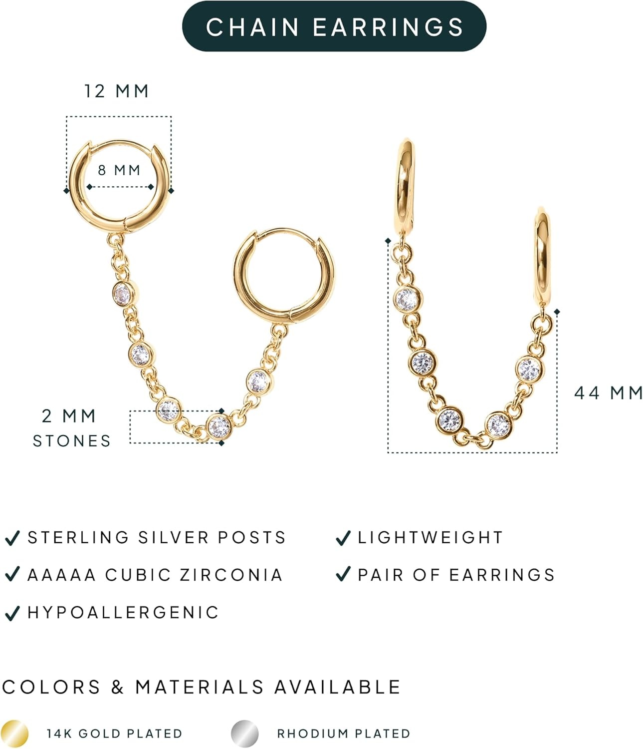 image:imagePAVOI 14K Gold Chain Earrings for Women Double Piercing Dangle Chain Huggie Hoop Earrings Cubic Zirconia Pearl Stud Ear Earrings for WomenYellow Gold