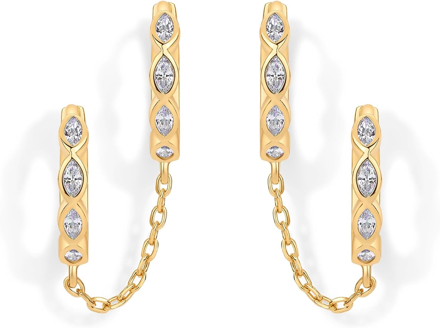 image:imagePAVOI 14K Gold Chain Earrings for Women Double Piercing Dangle Chain Huggie Hoop Earrings Cubic Zirconia Pearl Stud Ear Earrings for WomenYellow Gold