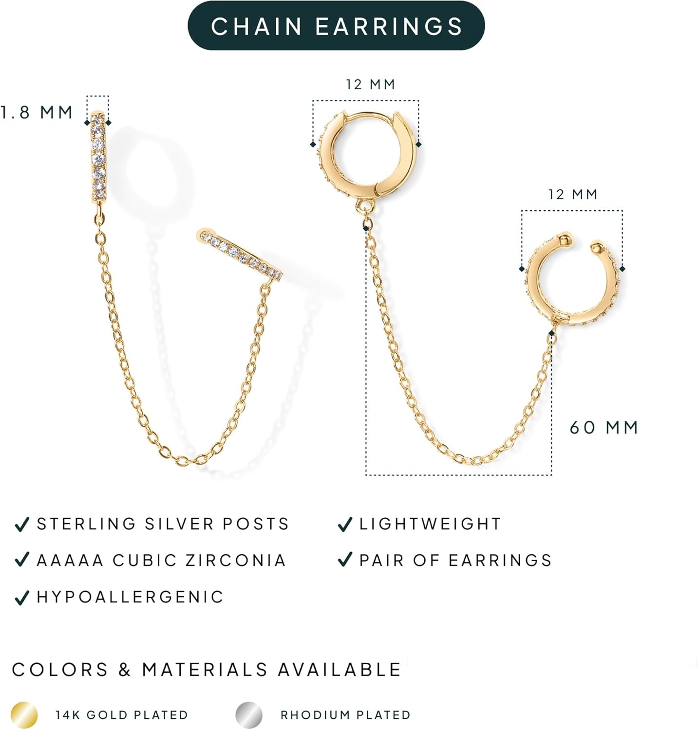 image:imagePAVOI 14K Gold Chain Earrings for Women Double Piercing Dangle Chain Huggie Hoop Earrings Cubic Zirconia Pearl Stud Ear Earrings for WomenYellow Gold