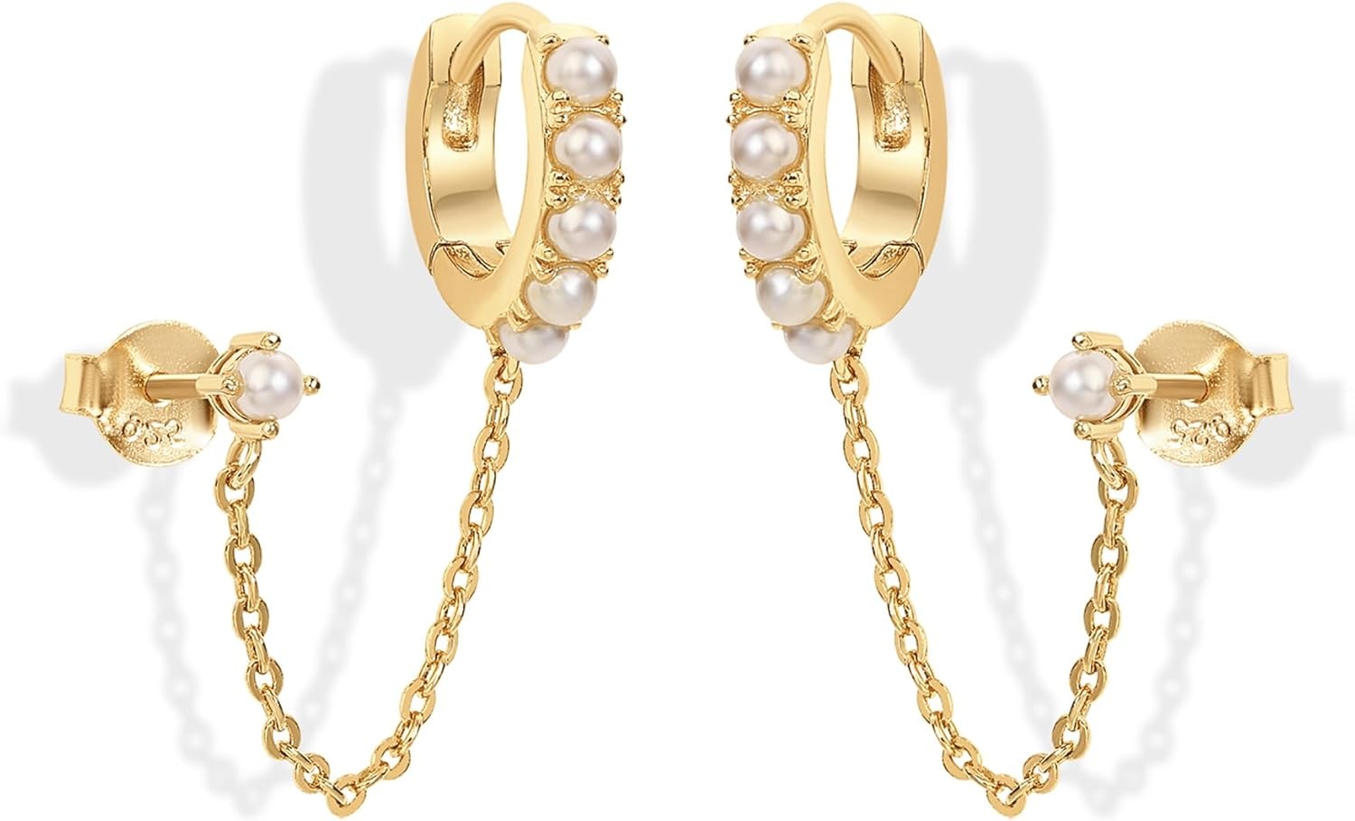 image:imagePAVOI 14K Gold Chain Earrings for Women Double Piercing Dangle Chain Huggie Hoop Earrings Cubic Zirconia Pearl Stud Ear Earrings for WomenYellow Gold