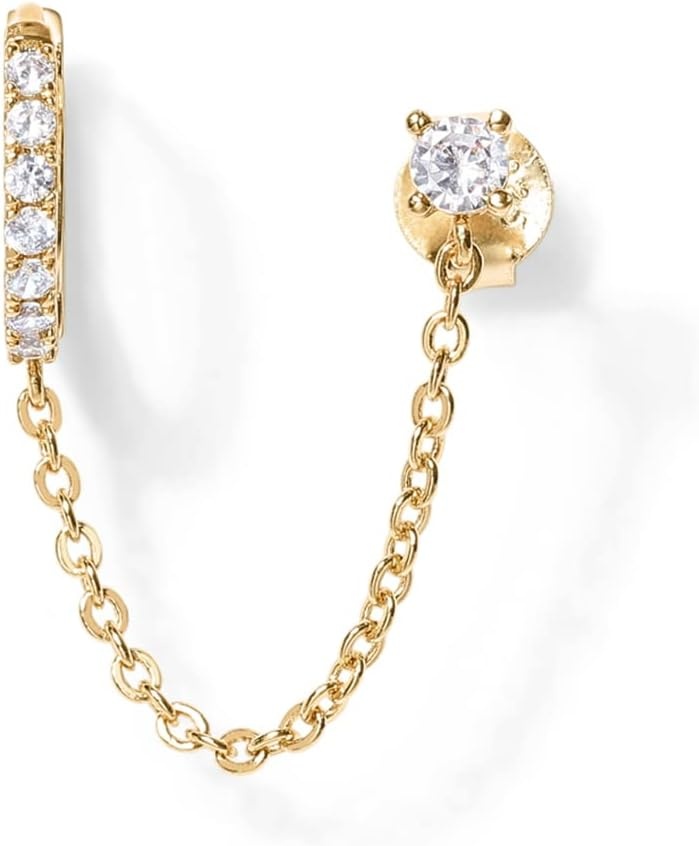 image:imagePAVOI 14K Gold Chain Earrings for Women Double Piercing Dangle Chain Huggie Hoop Earrings Cubic Zirconia Pearl Stud Ear Earrings for WomenYellow Gold