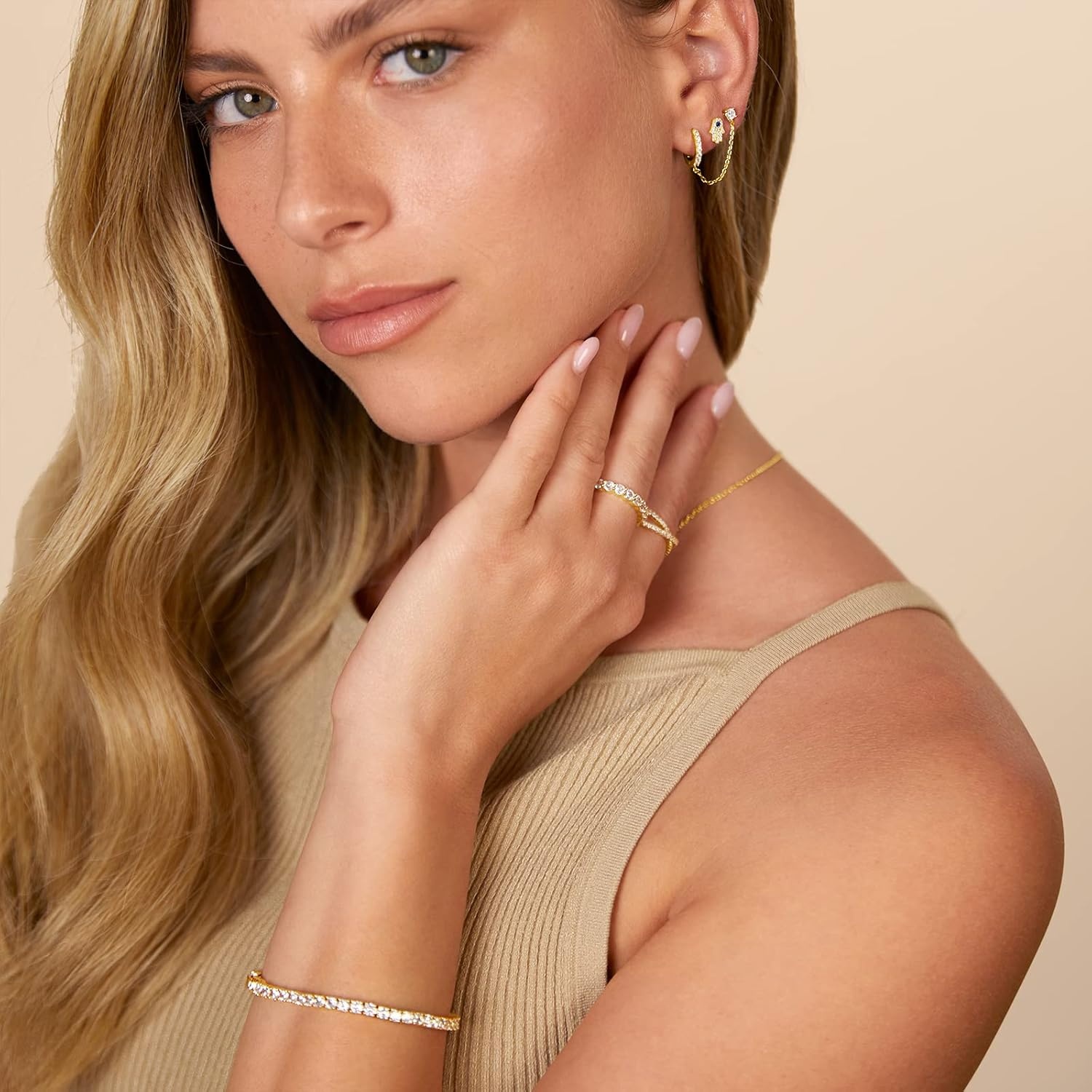 image:imagePAVOI 14K Gold Chain Earrings for Women Double Piercing Dangle Chain Huggie Hoop Earrings Cubic Zirconia Pearl Stud Ear Earrings for WomenYellow Gold