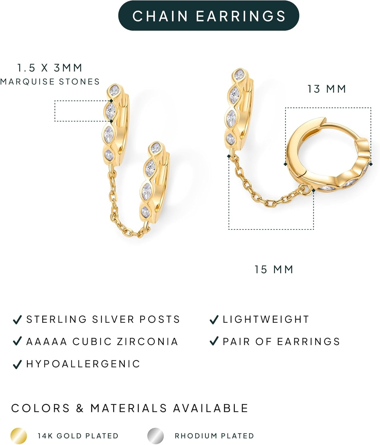 image:imagePAVOI 14K Gold Chain Earrings for Women Double Piercing Dangle Chain Huggie Hoop Earrings Cubic Zirconia Pearl Stud Ear Earrings for WomenYellow Gold