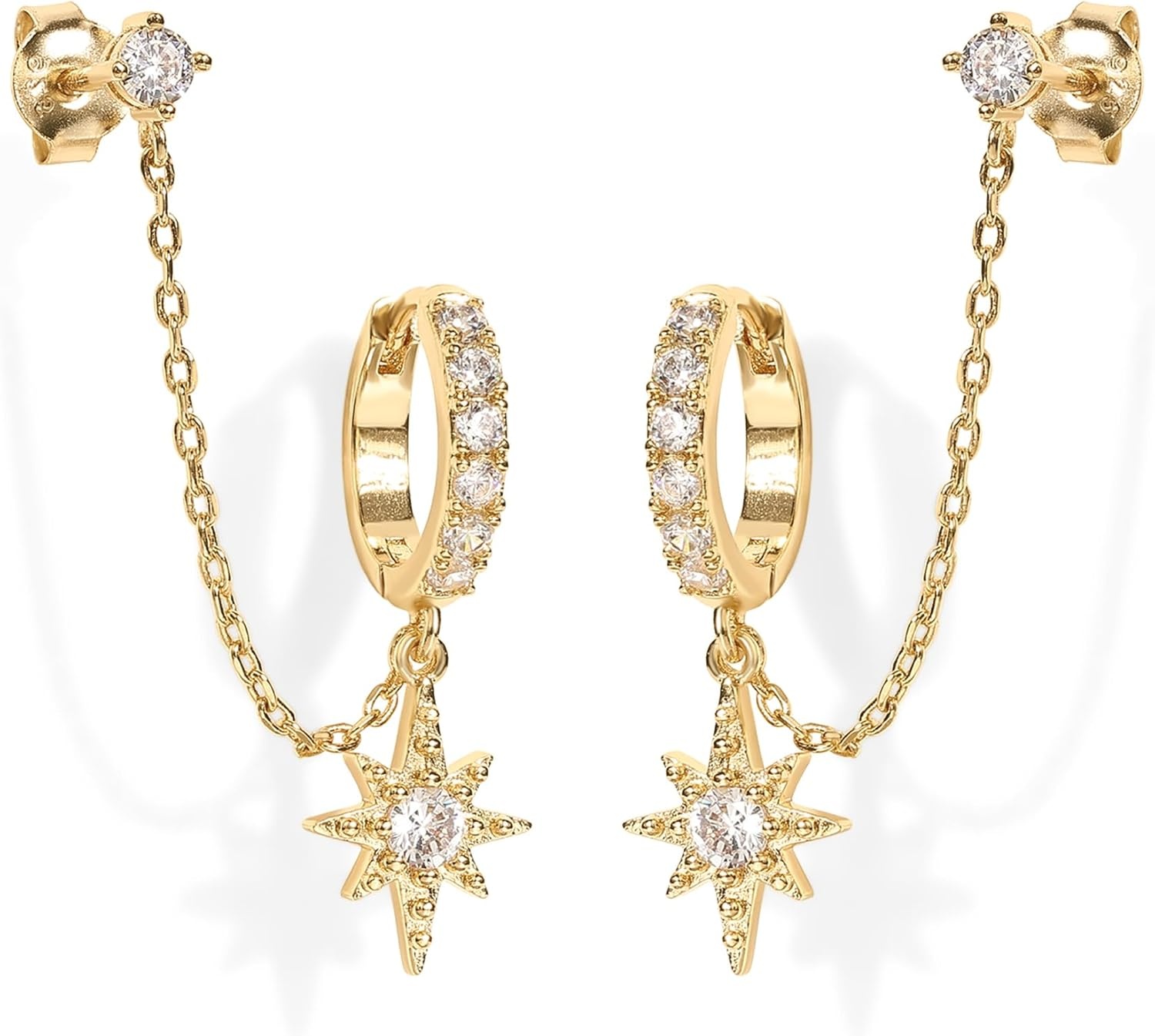 image:imagePAVOI 14K Gold Chain Earrings for Women Double Piercing Dangle Chain Huggie Hoop Earrings Cubic Zirconia Pearl Stud Ear Earrings for WomenYellow Gold