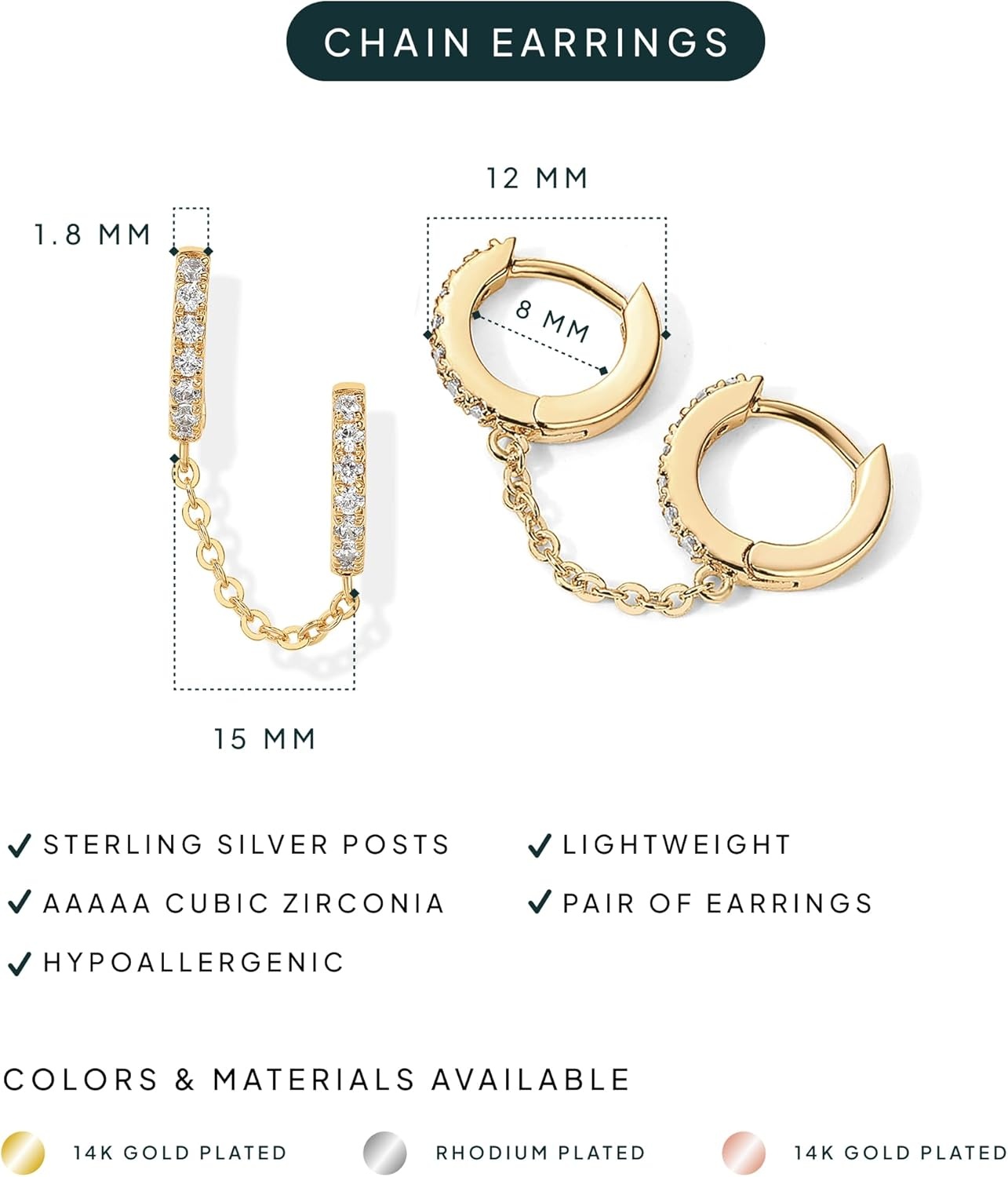 image:imagePAVOI 14K Gold Chain Earrings for Women Double Piercing Dangle Chain Huggie Hoop Earrings Cubic Zirconia Pearl Stud Ear Earrings for WomenYellow Gold