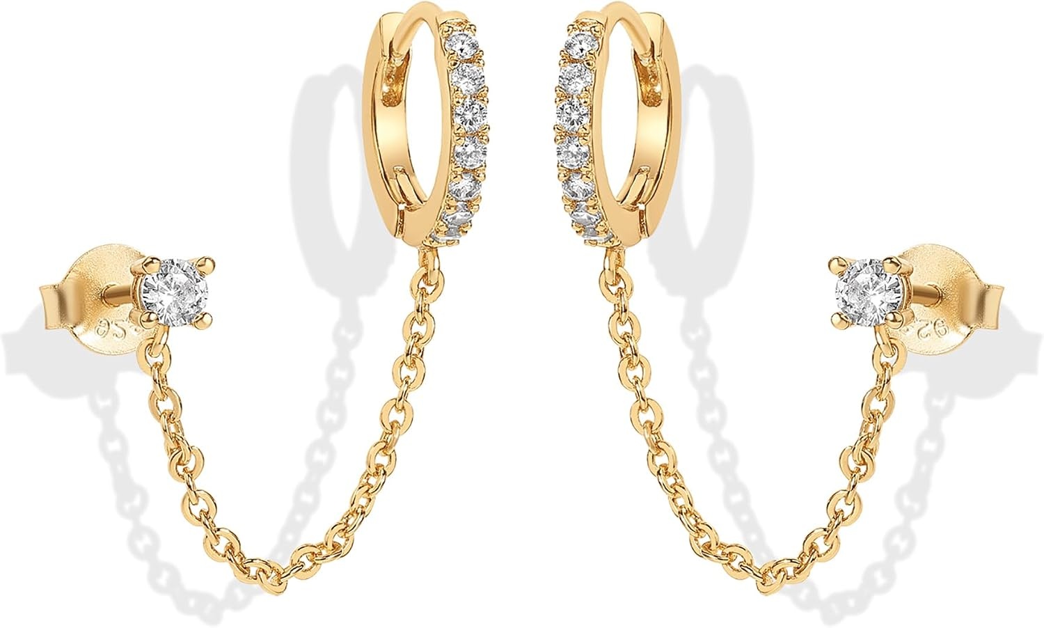 image:imagePAVOI 14K Gold Chain Earrings for Women Double Piercing Dangle Chain Huggie Hoop Earrings Cubic Zirconia Pearl Stud Ear Earrings for WomenYellow Gold