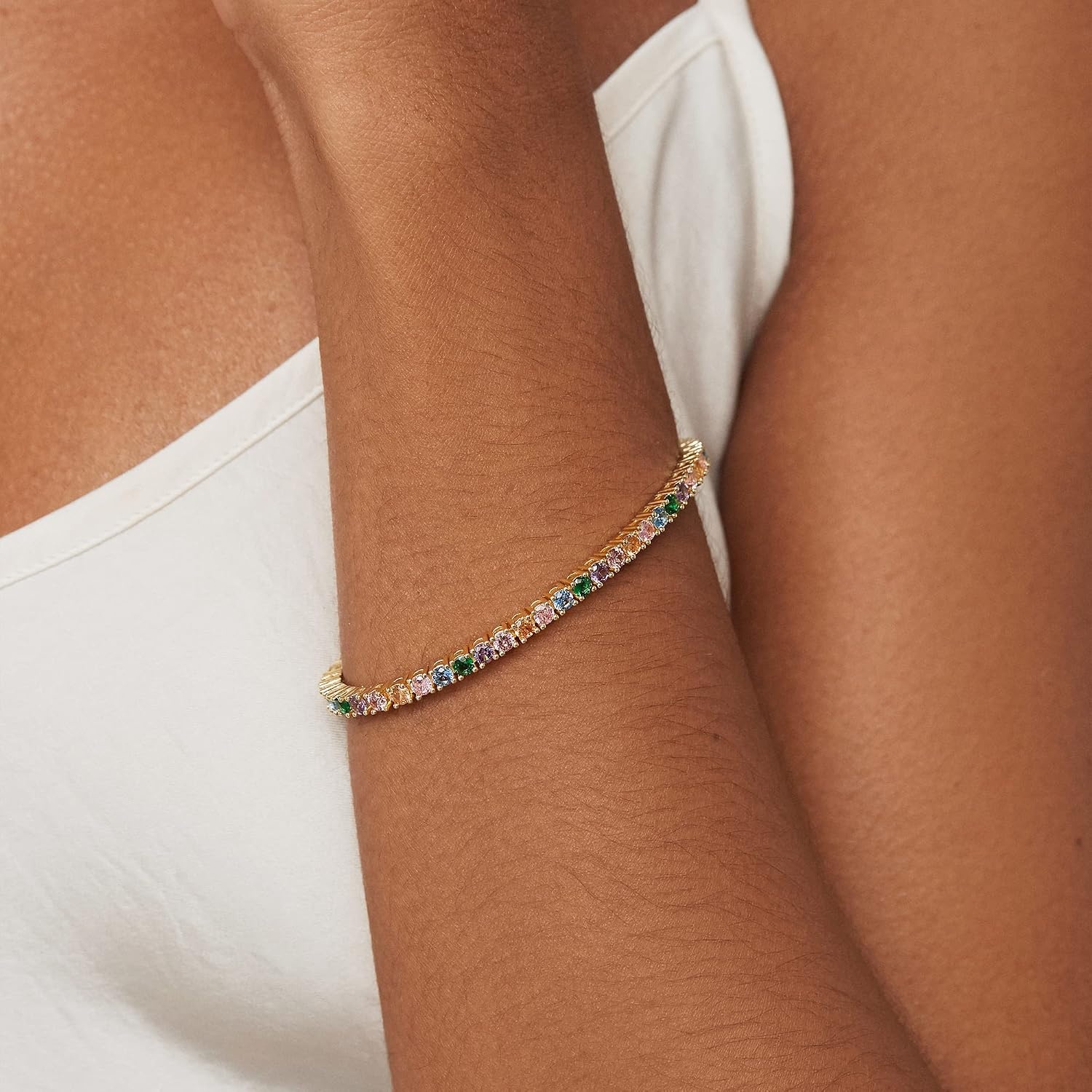 image:imagePAVOI 14K Gold Plated 3mm Multi Colored CZ Tennis Bracelet  Vibrant amp Bohemian Cubic Zirconia Bracelet for Women  Size 6575 InchWhite Gold