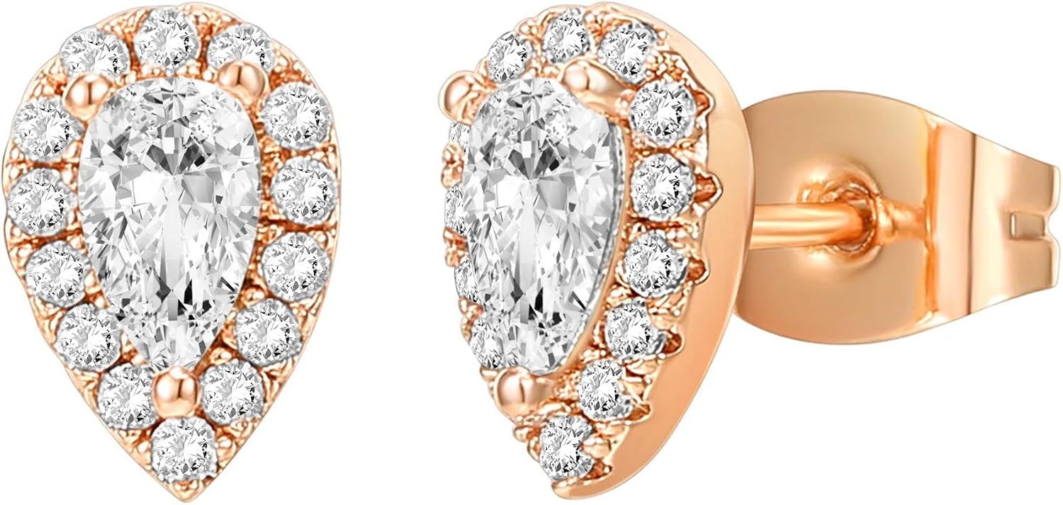 image:imagePAVOI 14K Gold Plated 925 Sterling Silver Post Brilliant Round Faux Diamond Halo Earrings Premium Cubic ZirconiaRose Gold