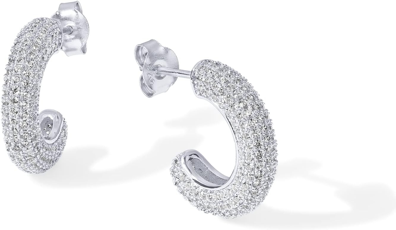image:imagePAVOI 14K Gold Plated 925 Sterling Silver Post Cubic Zirconia Chunky Hoop Earrings Thick Lightweight Gold Earrings for Women Fully Studded HoopWhite Gold