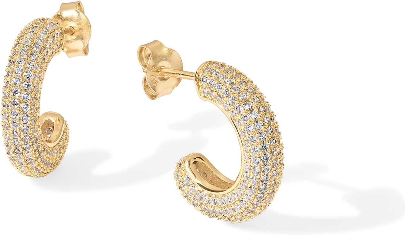image:imagePAVOI 14K Gold Plated 925 Sterling Silver Post Cubic Zirconia Chunky Hoop Earrings Thick Lightweight Gold Earrings for Women Fully Studded HoopYellow Gold