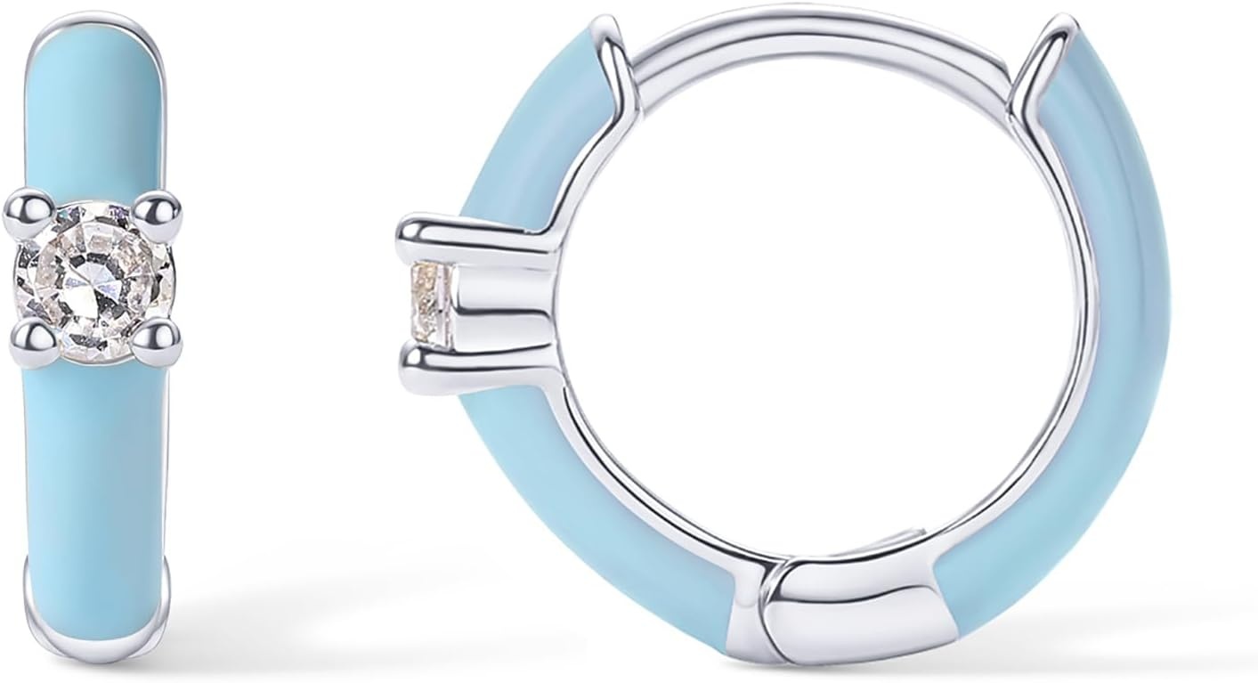 image:imagePAVOI 14K Gold Plated 925 Sterling Silver Post Earrings for Women Colored Enamel Cubic Zirconia Huggie Hoop Earrings JewelryWhite Gold Blue Enamel