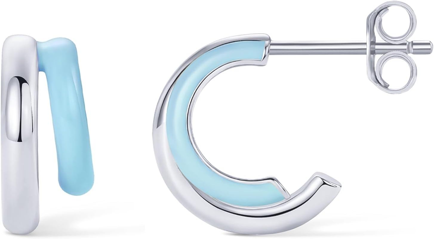 image:imagePAVOI 14K Gold Plated 925 Sterling Silver Post Earrings for Women Colored Enamel Cubic Zirconia Huggie Hoop Earrings JewelryWhite Gold Blue Enamel