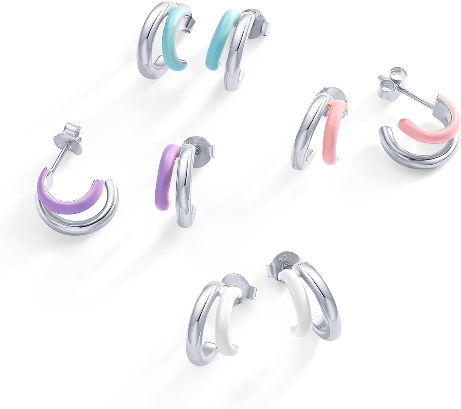 image:imagePAVOI 14K Gold Plated 925 Sterling Silver Post Earrings for Women Colored Enamel Cubic Zirconia Huggie Hoop Earrings JewelryWhite Gold Blue Enamel